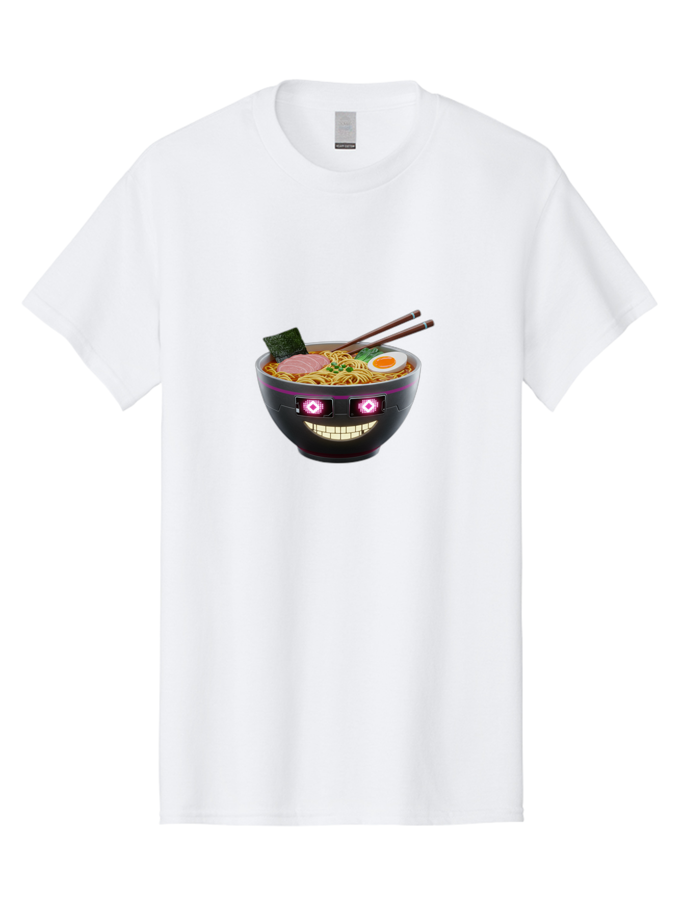 Ramen-Robot Men'S Graphic Tee, 100% Cotton, Comfortable Casual Summer Wear, Machine Washable, Ramen Bowl, Digital Illustration, Glowing Eyes, Robotic Face, Noodle Dish, Japanese Cuisine, Pink Accents, Chopsticks, Sliced Ham, Seaweed, Bab318
