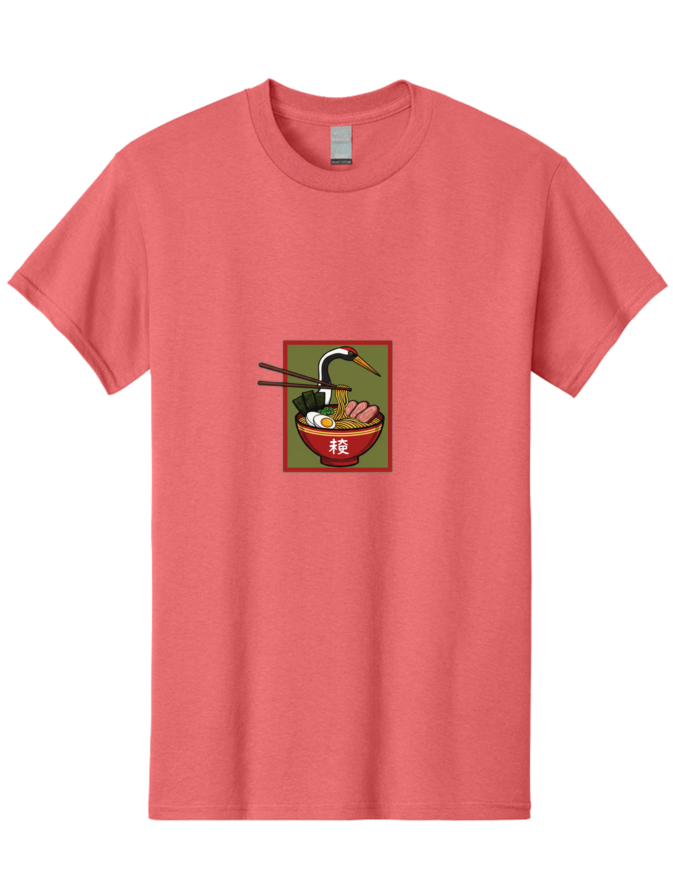 Ramen-With-Crane Men'S Graphic Tee, 100% Cotton, Comfortable Casual Summer Wear, Machine Washable, Ramen Bowl, Japanese Noodle Soup, Crane Bird, Chopsticks, Boiled Egg, Pork Slices, Seaweed, Kanji Characters, Oriental Cuisine, Savory Dish Bab319