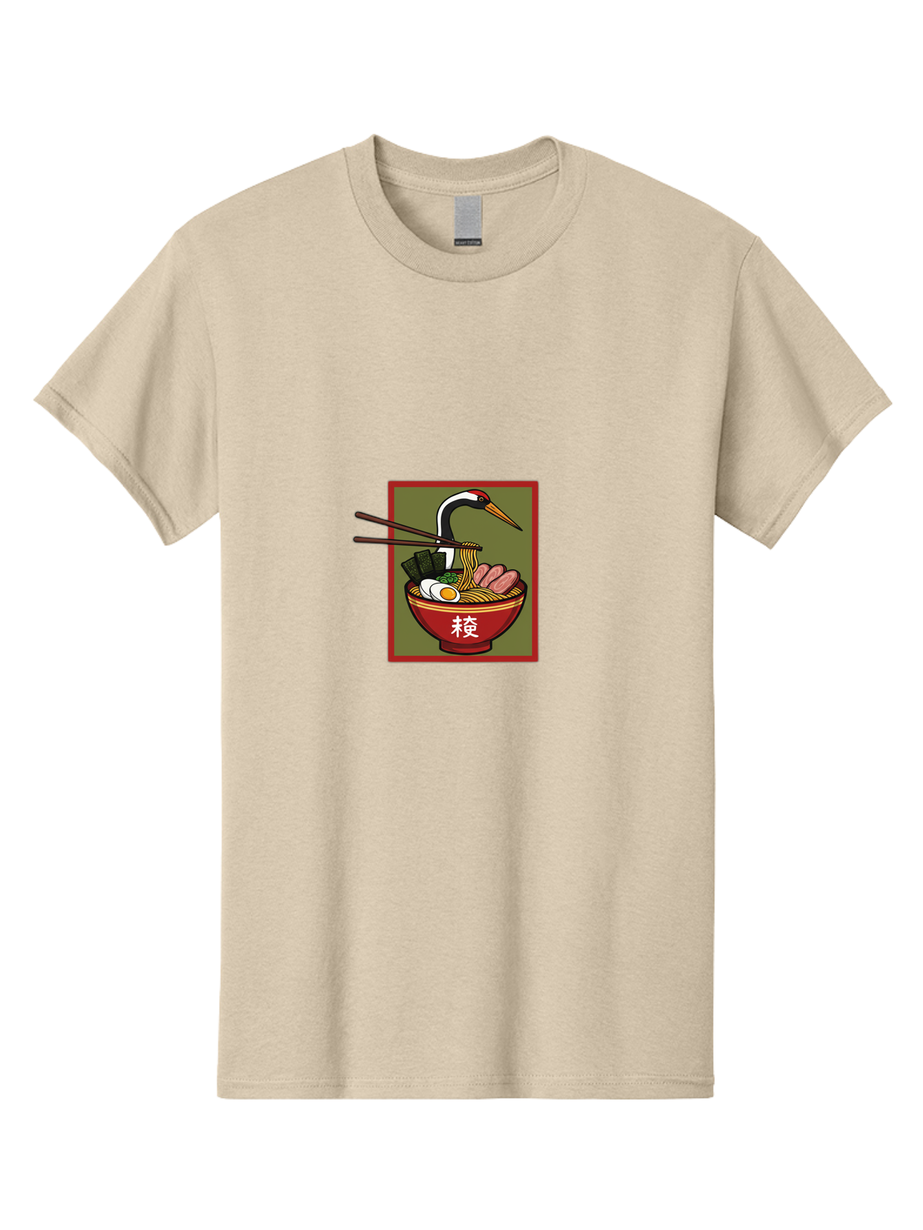 Ramen-With-Crane Men'S Graphic Tee, 100% Cotton, Comfortable Casual Summer Wear, Machine Washable, Ramen Bowl, Japanese Noodle Soup, Crane Bird, Chopsticks, Boiled Egg, Pork Slices, Seaweed, Kanji Characters, Oriental Cuisine, Savory Dish Bab319