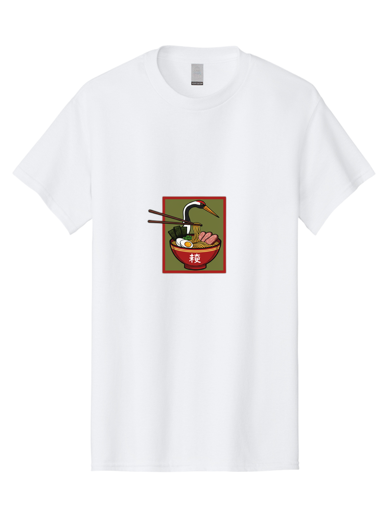 Ramen-With-Crane Men'S Graphic Tee, 100% Cotton, Comfortable Casual Summer Wear, Machine Washable, Ramen Bowl, Japanese Noodle Soup, Crane Bird, Chopsticks, Boiled Egg, Pork Slices, Seaweed, Kanji Characters, Oriental Cuisine, Savory Dish Bab319