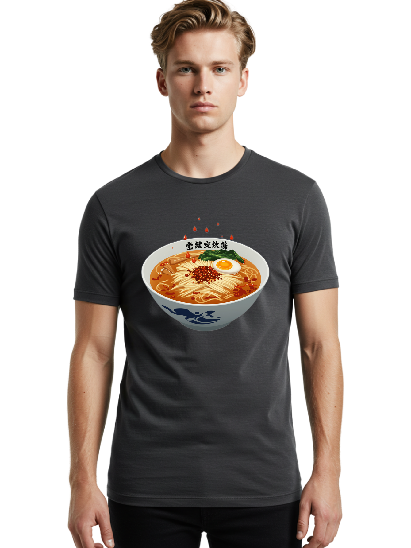 Ramen-With-Egg Men'S Graphic Tee, 100% Cotton, Comfortable Casual Summer Wear, Machine Washable, Spicy Ramen, Boiled Egg, Noodles, Red Pepper, Asian Cuisine, Japanese Food, Chinese Characters, Cartoon Illustration, Savory Broth Bab320
