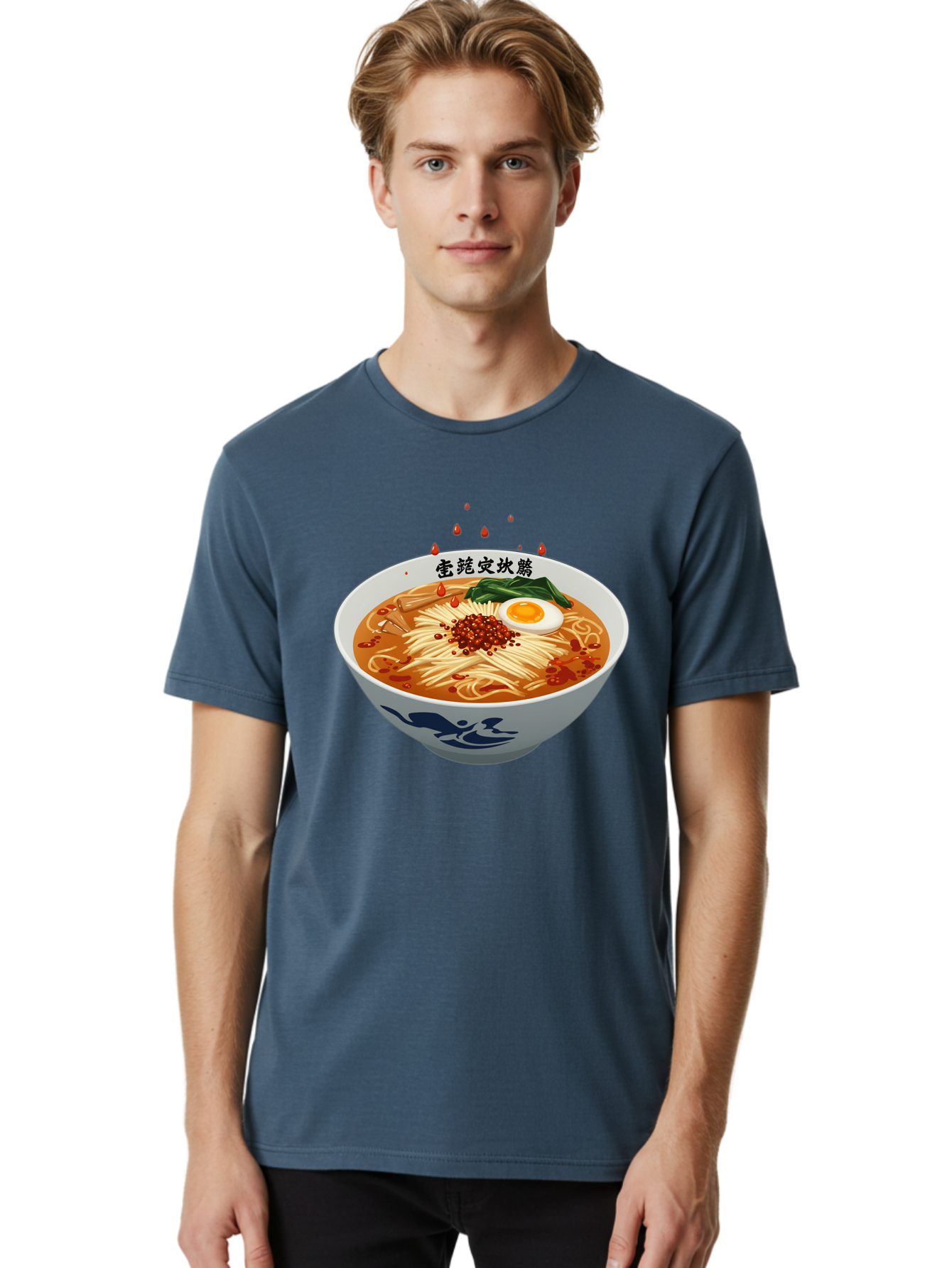 Ramen-With-Egg Men'S Graphic Tee, 100% Cotton, Comfortable Casual Summer Wear, Machine Washable, Spicy Ramen, Boiled Egg, Noodles, Red Pepper, Asian Cuisine, Japanese Food, Chinese Characters, Cartoon Illustration, Savory Broth Bab320