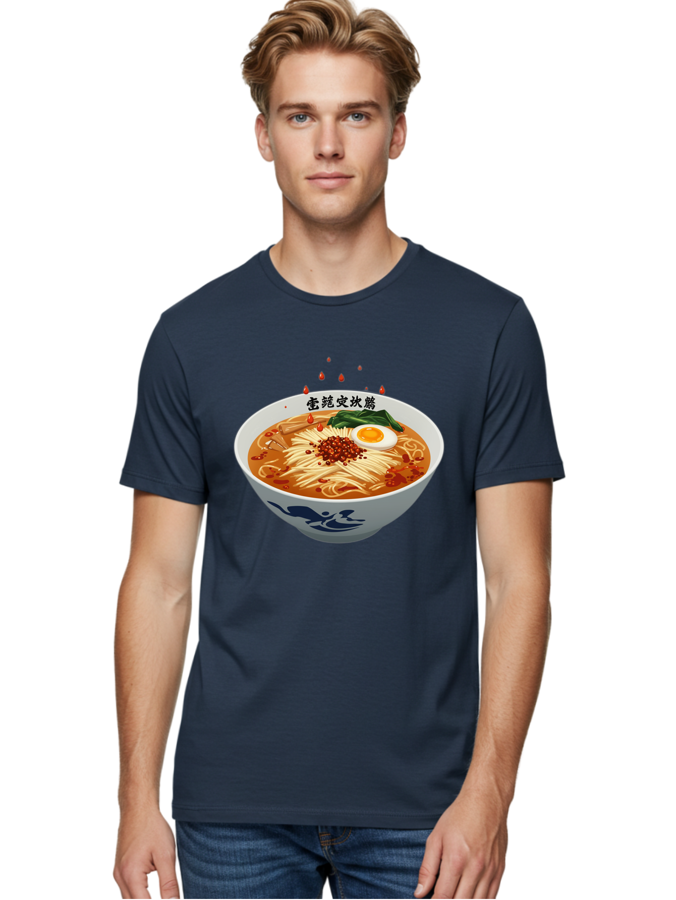 Ramen-With-Egg Men'S Graphic Tee, 100% Cotton, Comfortable Casual Summer Wear, Machine Washable, Spicy Ramen, Boiled Egg, Noodles, Red Pepper, Asian Cuisine, Japanese Food, Chinese Characters, Cartoon Illustration, Savory Broth Bab320