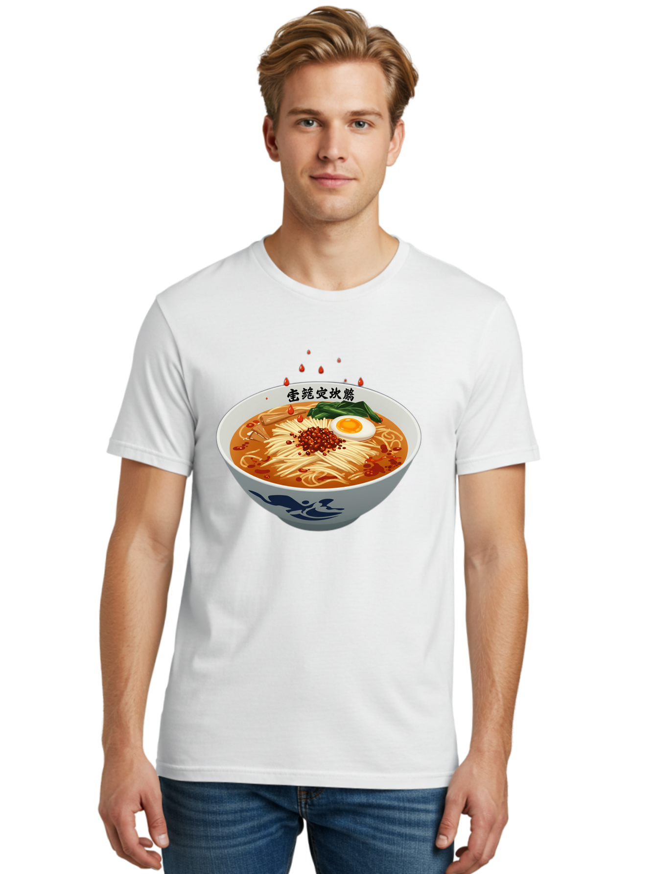 Ramen-With-Egg Men'S Graphic Tee, 100% Cotton, Comfortable Casual Summer Wear, Machine Washable, Spicy Ramen, Boiled Egg, Noodles, Red Pepper, Asian Cuisine, Japanese Food, Chinese Characters, Cartoon Illustration, Savory Broth Bab320