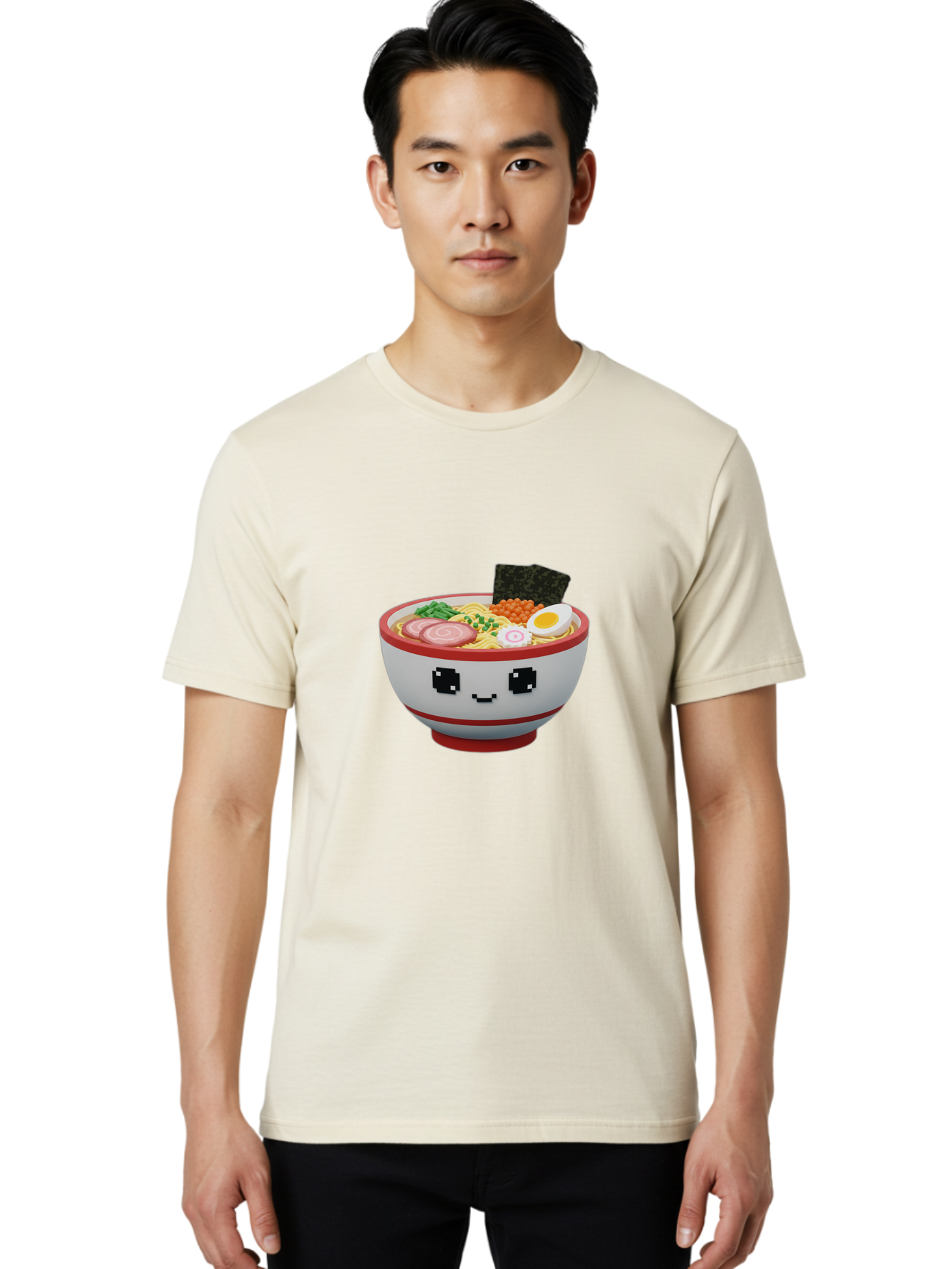 Ramen Men'S Graphic Tee, 100% Cotton, Comfortable Casual Summer Wear, Machine Washable, Cartoon Ramen Bowl, Pixel Art Style, Delicious Noodle Soup, Tasty Ingredients, Boiled Egg, Seaweed, Kawaii Food, Adorable Character, Anime Inspired, Bab321