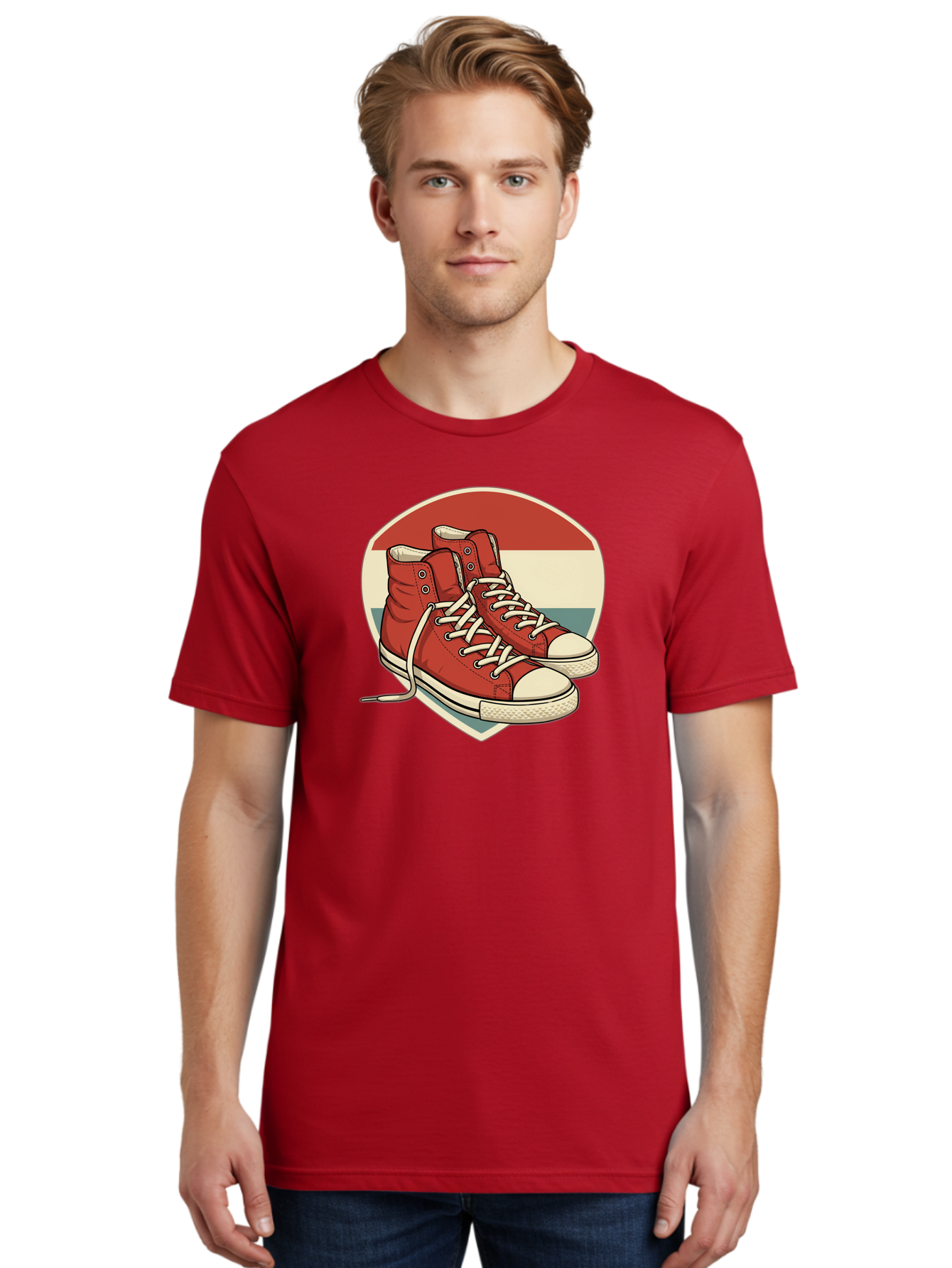 Red-Converse-Shoes Men'S Graphic Tee, 100% Cotton, Comfortable Casual Summer Wear, Machine Washable, Red High Top Sneakers, White Laces, Converse Shoes, Retro Sneakers, Vintage Footwear, Casual Wear, Comfortable Shoes, Red Canvas Sneakers, Bab325