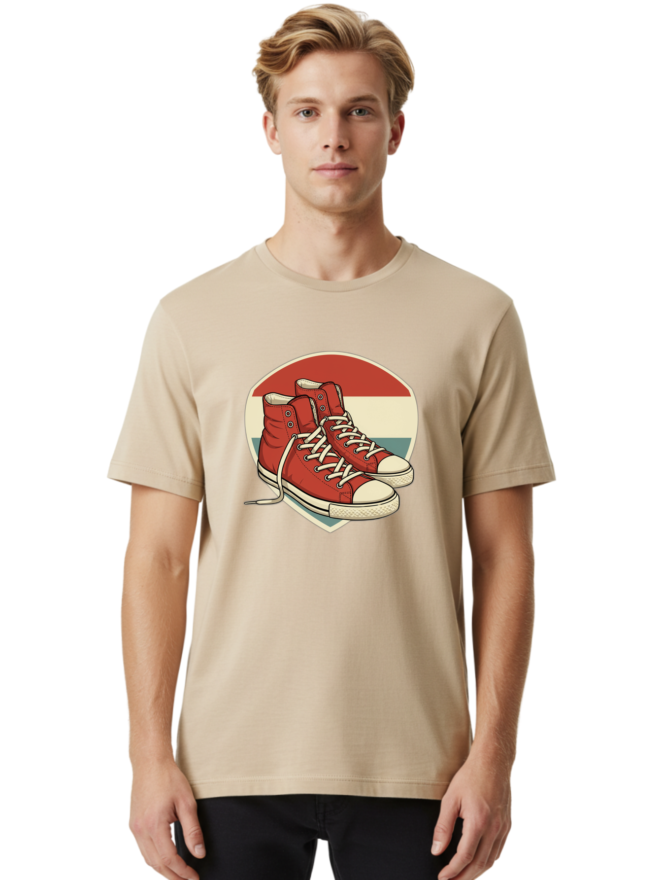 Red-Converse-Shoes Men'S Graphic Tee, 100% Cotton, Comfortable Casual Summer Wear, Machine Washable, Red High Top Sneakers, White Laces, Converse Shoes, Retro Sneakers, Vintage Footwear, Casual Wear, Comfortable Shoes, Red Canvas Sneakers, Bab325