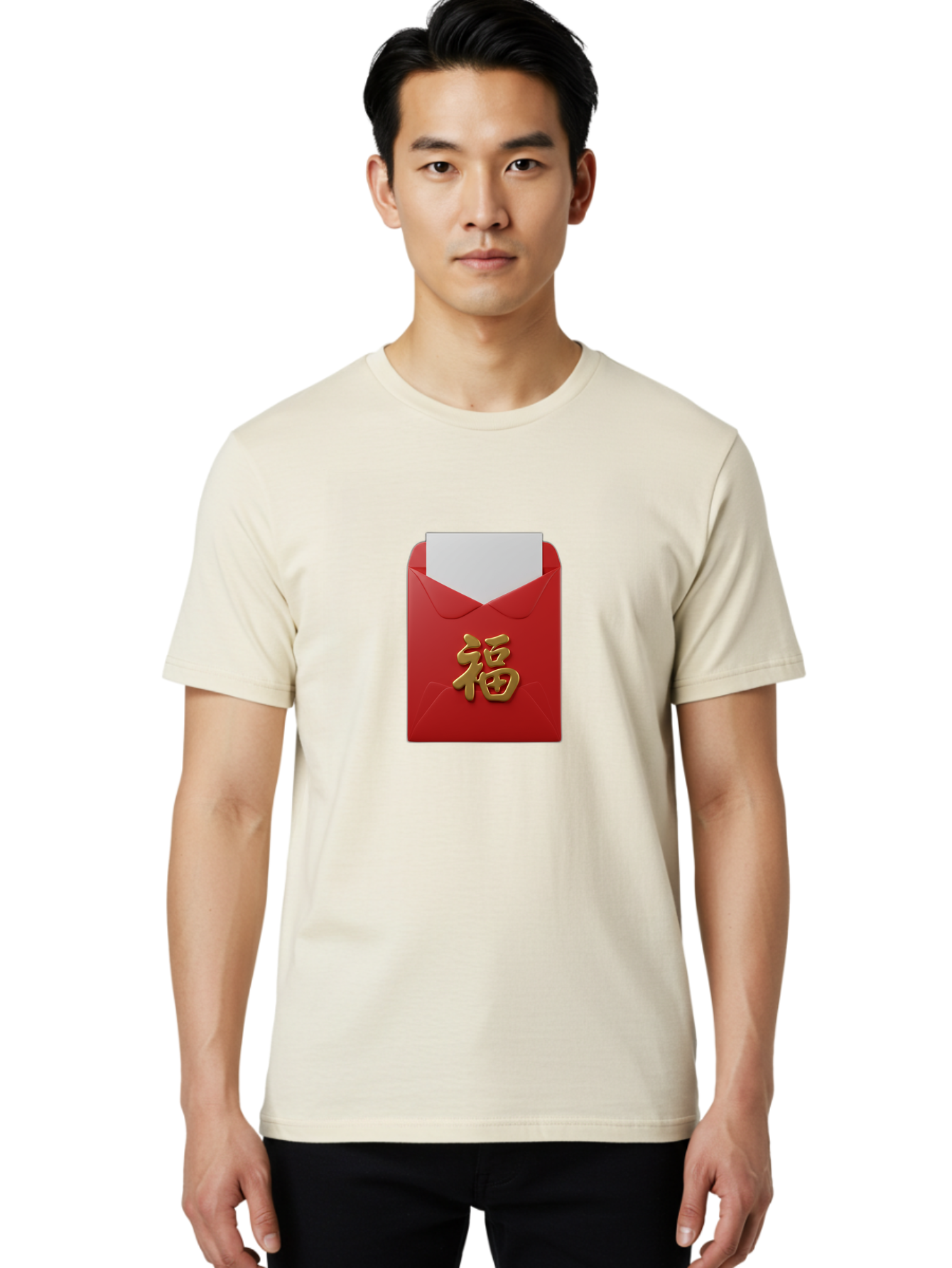 Red-Envelope-With-Fu-Character Men'S Graphic Tee, 100% Cotton, Comfortable Casual Summer Wear, Machine Washable, Red Envelope With Gold Chinese Character, Chinese New Year Gift, Lucky Money, Prosperity Symbol, Cultural Tradition, Bab327