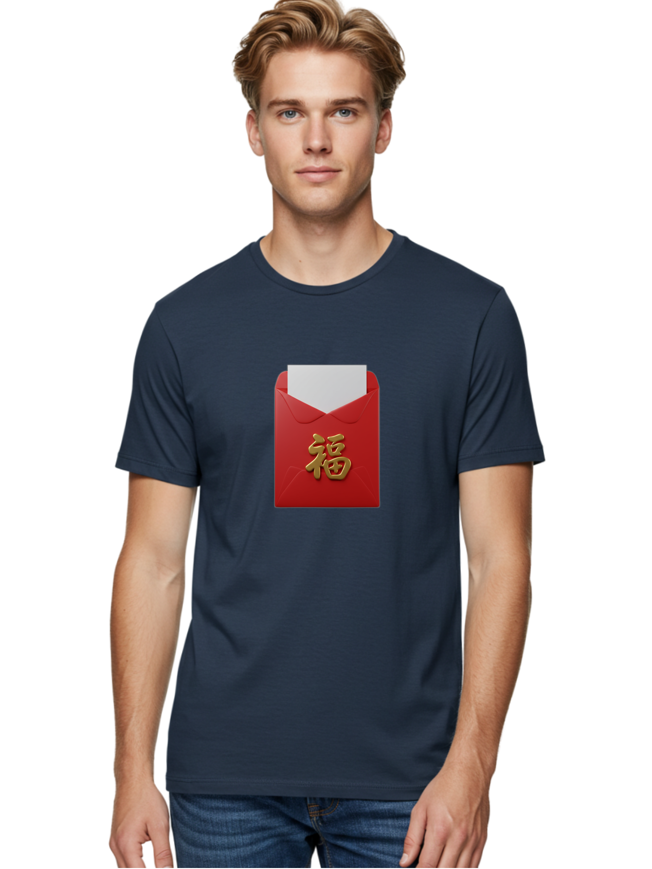 Red-Envelope-With-Fu-Character Men'S Graphic Tee, 100% Cotton, Comfortable Casual Summer Wear, Machine Washable, Red Envelope With Gold Chinese Character, Chinese New Year Gift, Lucky Money, Prosperity Symbol, Cultural Tradition, Bab327