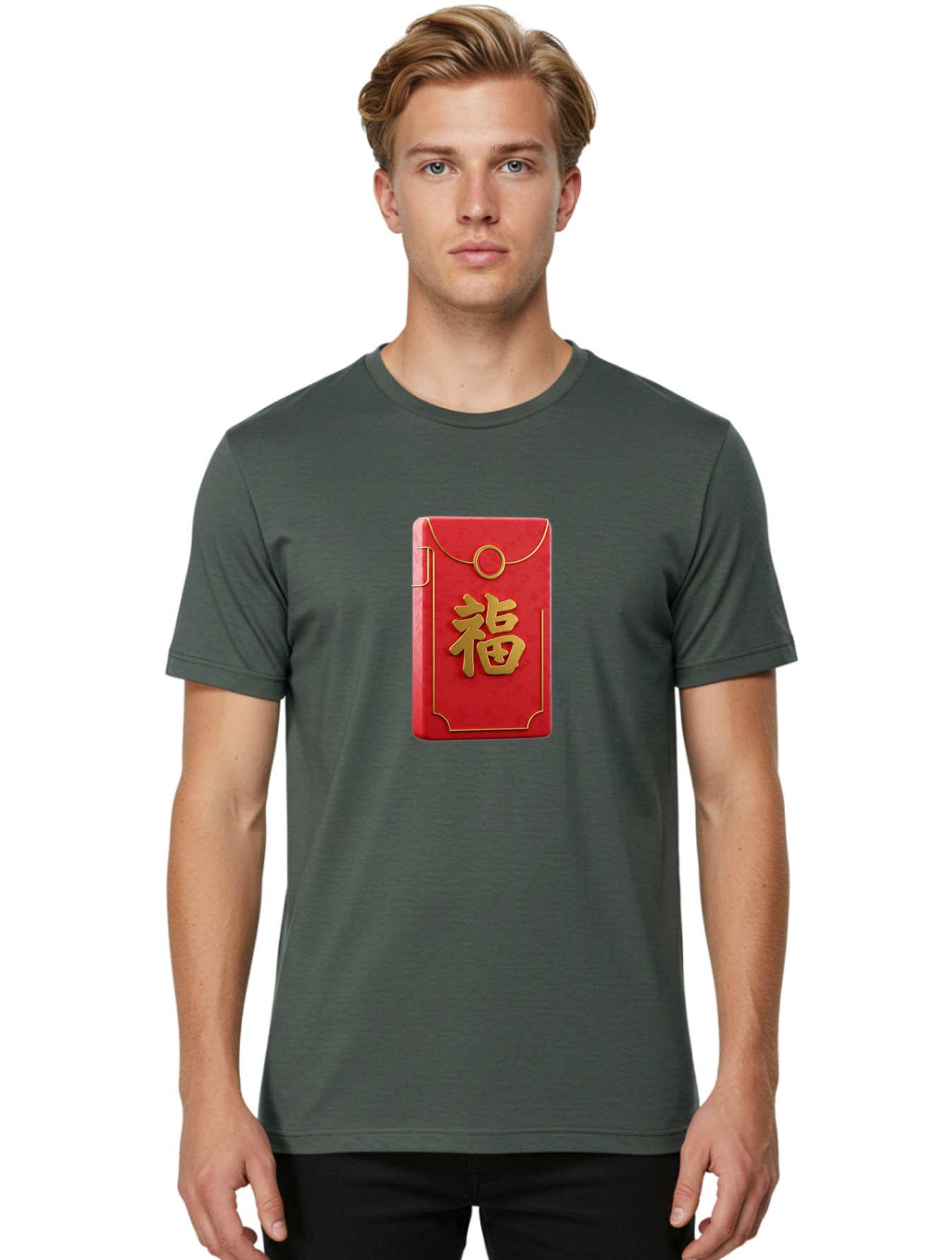 Red-Envelope-With-Fu-Symbol Men'S Graphic Tee, 100% Cotton, Comfortable Casual Summer Wear, Machine Washable, Red Envelope, Gold Trim, Chinese Character, Fu Symbol, Good Luck, Prosperity, Chinese New Year, Red Packet, Gold Accents, Bab328
