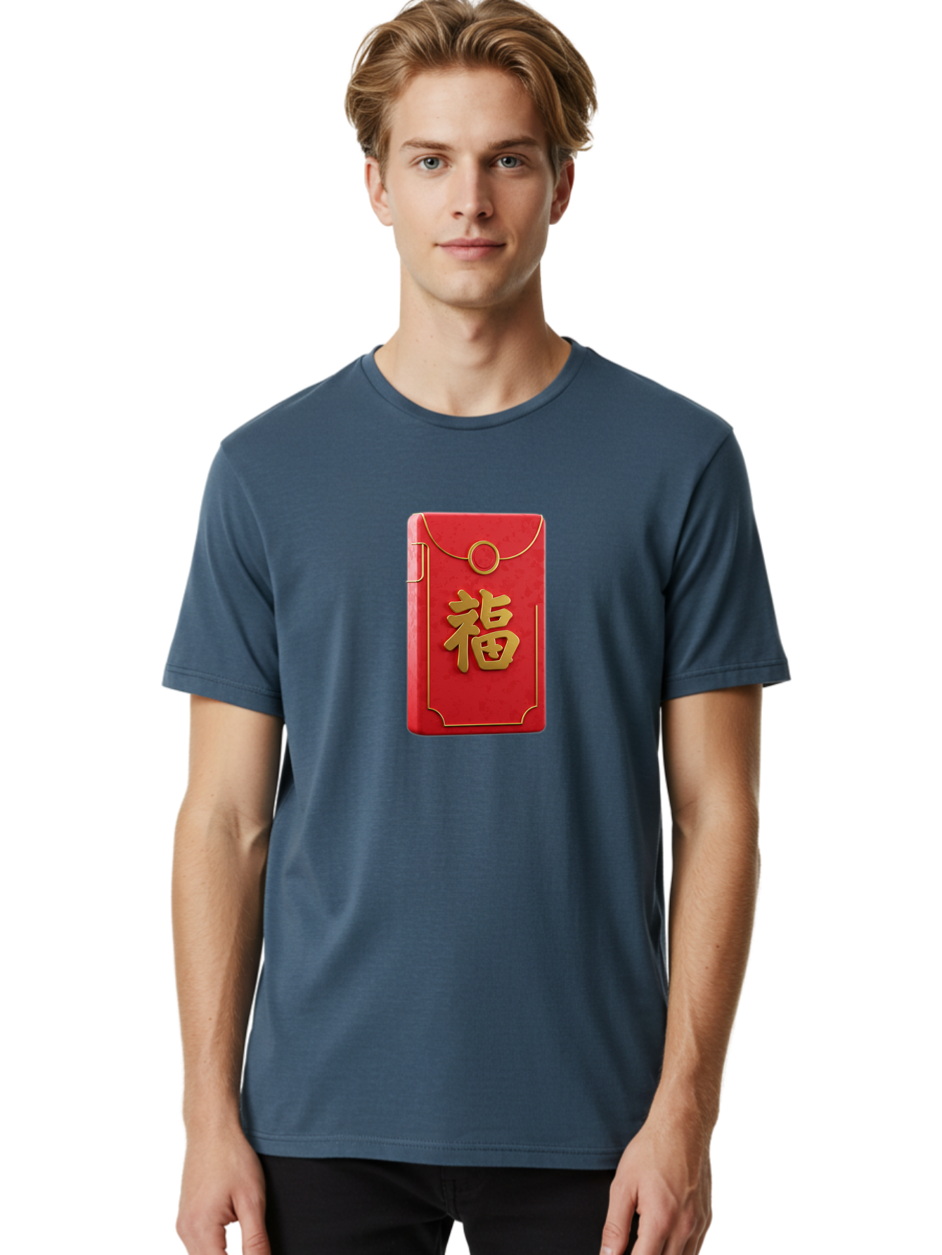 Red-Envelope-With-Fu-Symbol Men'S Graphic Tee, 100% Cotton, Comfortable Casual Summer Wear, Machine Washable, Red Envelope, Gold Trim, Chinese Character, Fu Symbol, Good Luck, Prosperity, Chinese New Year, Red Packet, Gold Accents, Bab328