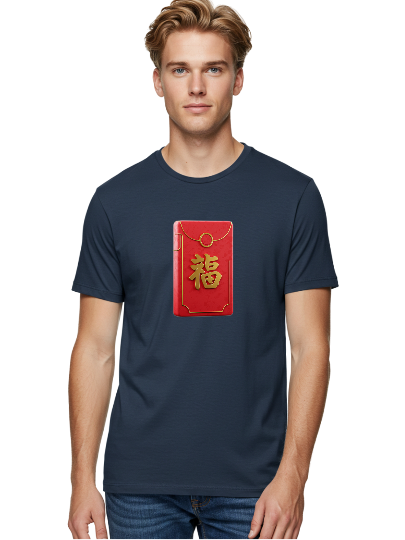 Red-Envelope-With-Fu-Symbol Men'S Graphic Tee, 100% Cotton, Comfortable Casual Summer Wear, Machine Washable, Red Envelope, Gold Trim, Chinese Character, Fu Symbol, Good Luck, Prosperity, Chinese New Year, Red Packet, Gold Accents, Bab328