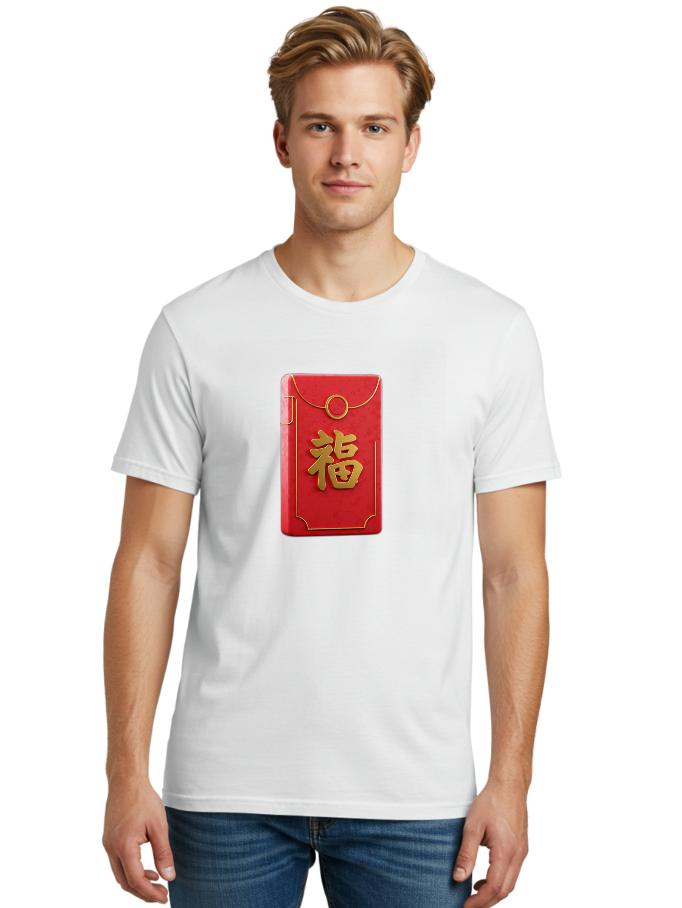 Red-Envelope-With-Fu-Symbol Men'S Graphic Tee, 100% Cotton, Comfortable Casual Summer Wear, Machine Washable, Red Envelope, Gold Trim, Chinese Character, Fu Symbol, Good Luck, Prosperity, Chinese New Year, Red Packet, Gold Accents, Bab328