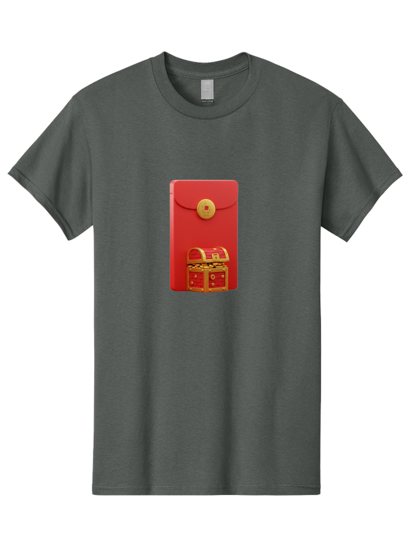 Red-Envelope Men'S Graphic Tee, 100% Cotton, Comfortable Casual Summer Wear, Machine Washable, Red Envelope With Golden Clasp, Treasure Chest Filled With Gold Coins, Prosperity Symbol, Good Fortune, Wealth, Luck, Festive Decoration, Bab329