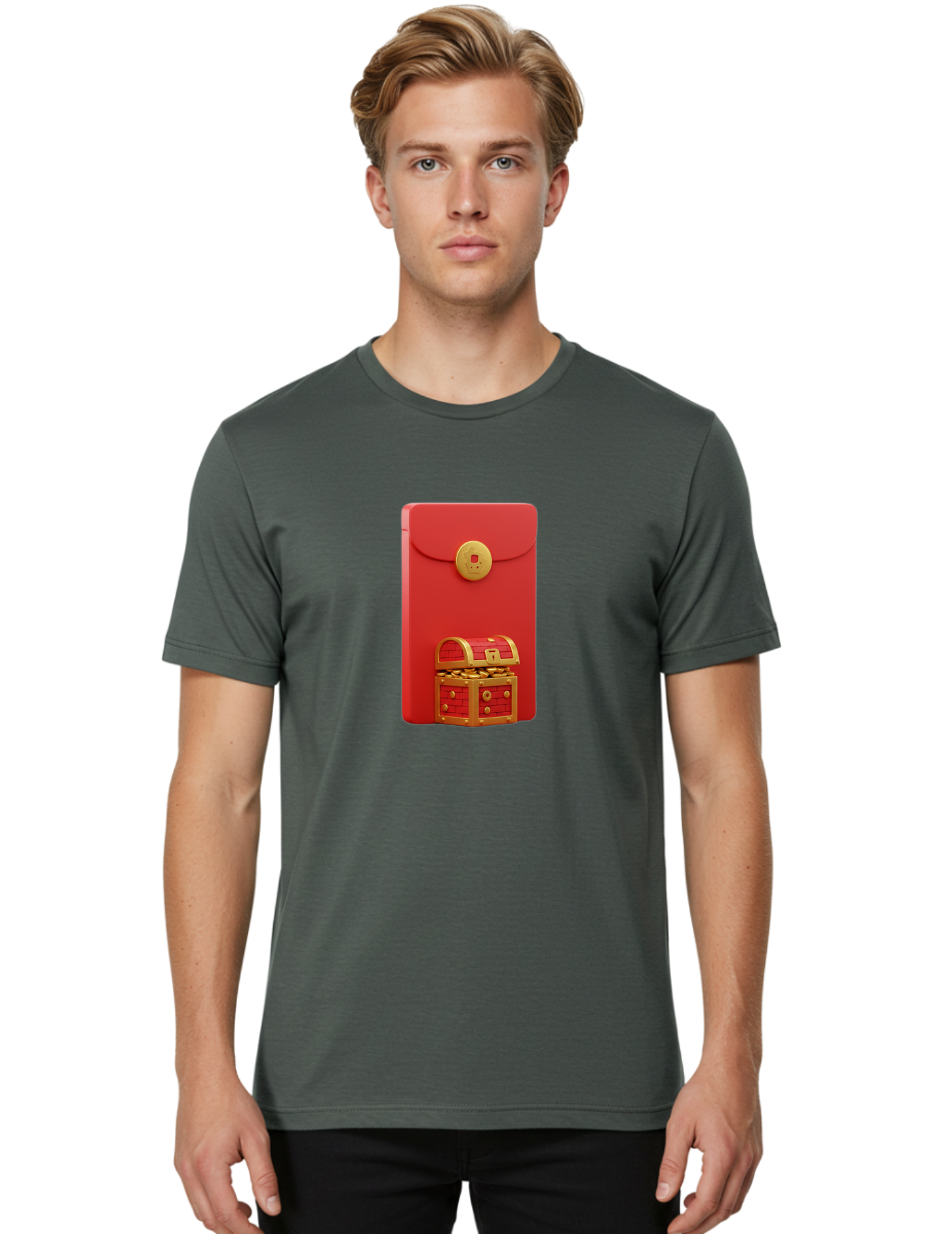 Red-Envelope Men'S Graphic Tee, 100% Cotton, Comfortable Casual Summer Wear, Machine Washable, Red Envelope With Golden Clasp, Treasure Chest Filled With Gold Coins, Prosperity Symbol, Good Fortune, Wealth, Luck, Festive Decoration, Bab329