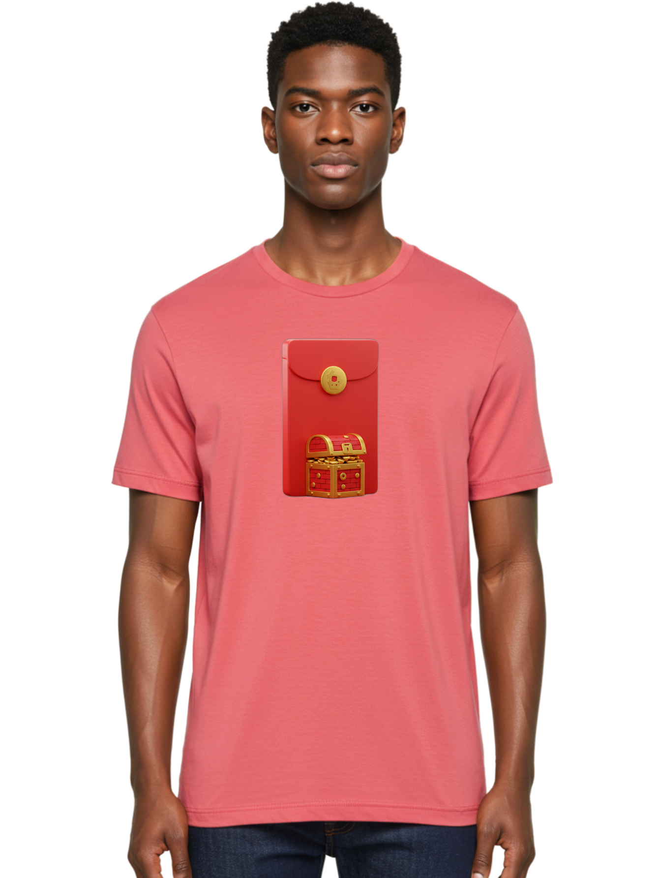 Red-Envelope Men'S Graphic Tee, 100% Cotton, Comfortable Casual Summer Wear, Machine Washable, Red Envelope With Golden Clasp, Treasure Chest Filled With Gold Coins, Prosperity Symbol, Good Fortune, Wealth, Luck, Festive Decoration, Bab329