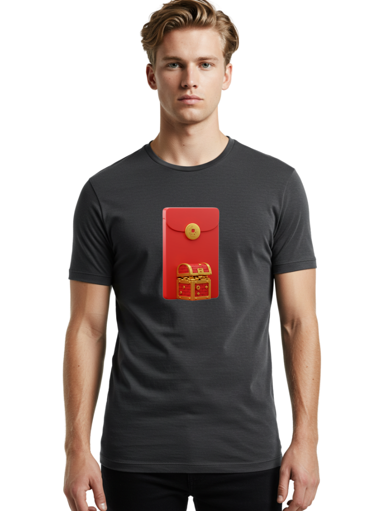 Red-Envelope Men'S Graphic Tee, 100% Cotton, Comfortable Casual Summer Wear, Machine Washable, Red Envelope With Golden Clasp, Treasure Chest Filled With Gold Coins, Prosperity Symbol, Good Fortune, Wealth, Luck, Festive Decoration, Bab329