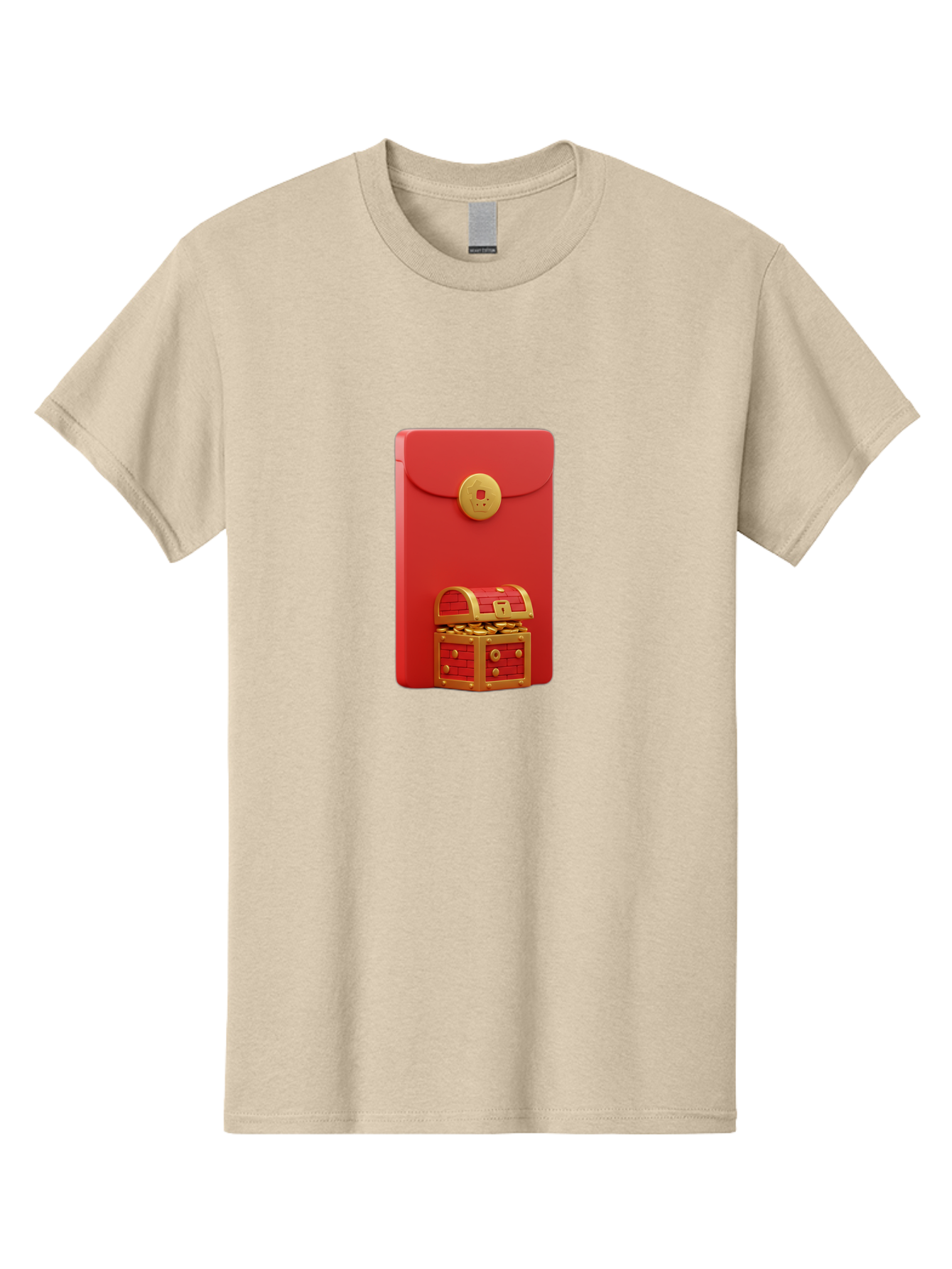 Red-Envelope Men'S Graphic Tee, 100% Cotton, Comfortable Casual Summer Wear, Machine Washable, Red Envelope With Golden Clasp, Treasure Chest Filled With Gold Coins, Prosperity Symbol, Good Fortune, Wealth, Luck, Festive Decoration, Bab329