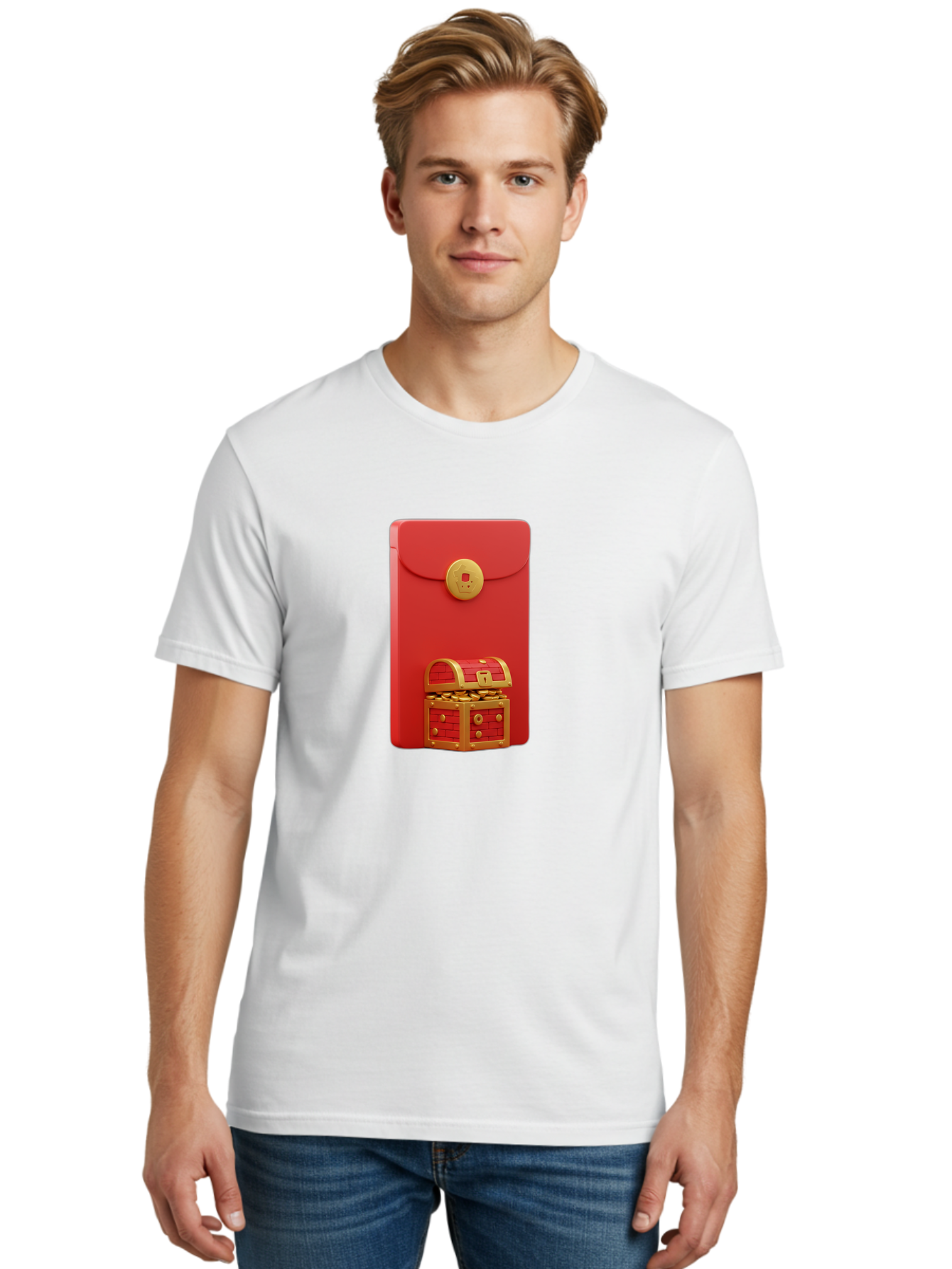 Red-Envelope Men'S Graphic Tee, 100% Cotton, Comfortable Casual Summer Wear, Machine Washable, Red Envelope With Golden Clasp, Treasure Chest Filled With Gold Coins, Prosperity Symbol, Good Fortune, Wealth, Luck, Festive Decoration, Bab329