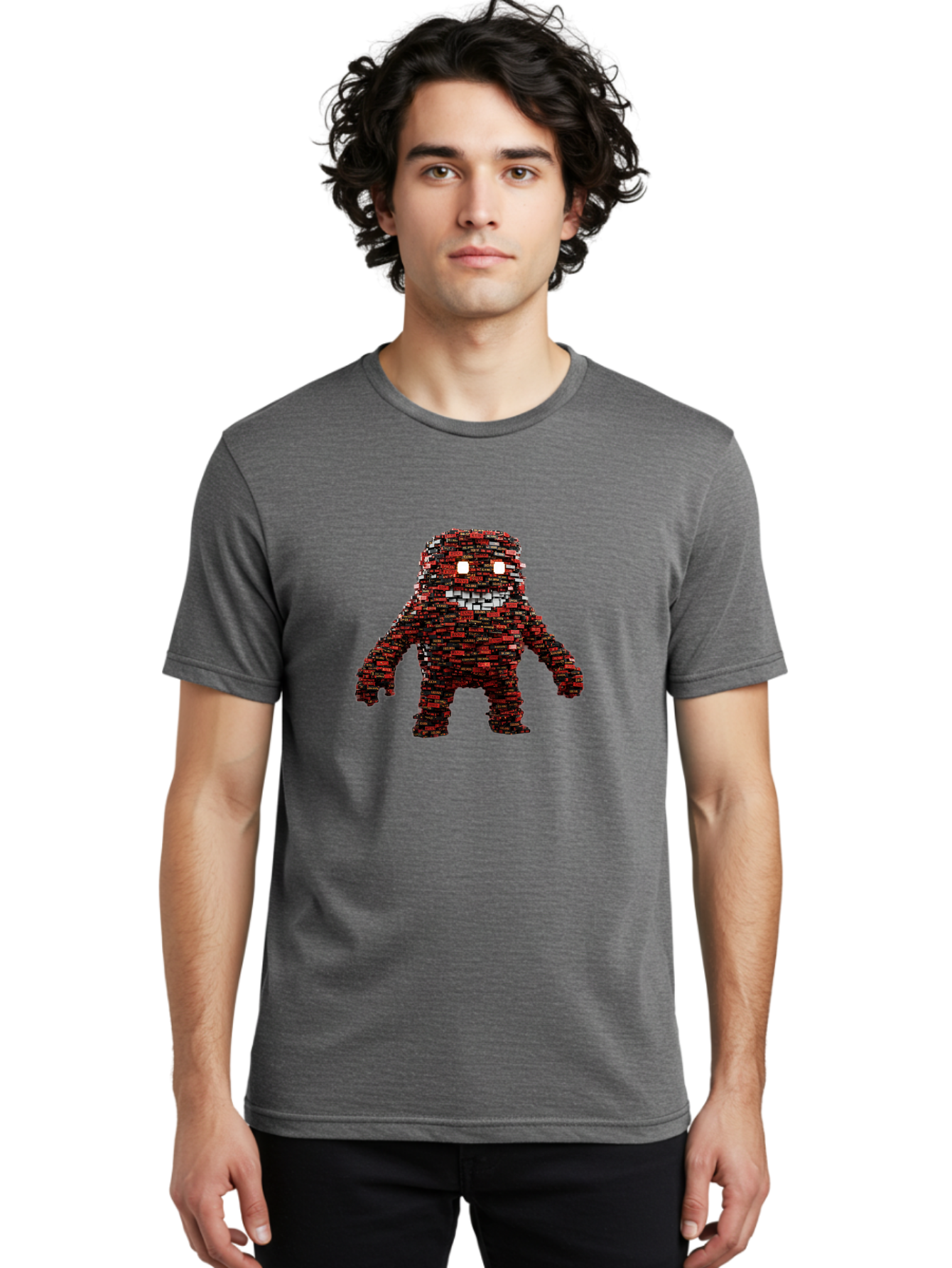 Red-Pixel-Monster Men'S Graphic Tee, 100% Cotton, Comfortable Casual Summer Wear, Machine Washable, Mosaic Art, Pixelated Creature, Red And Black Hues, Glowing Eyes, Abstract Character, Digital Artwork, Creative Design, Futuristic Being, Bab330