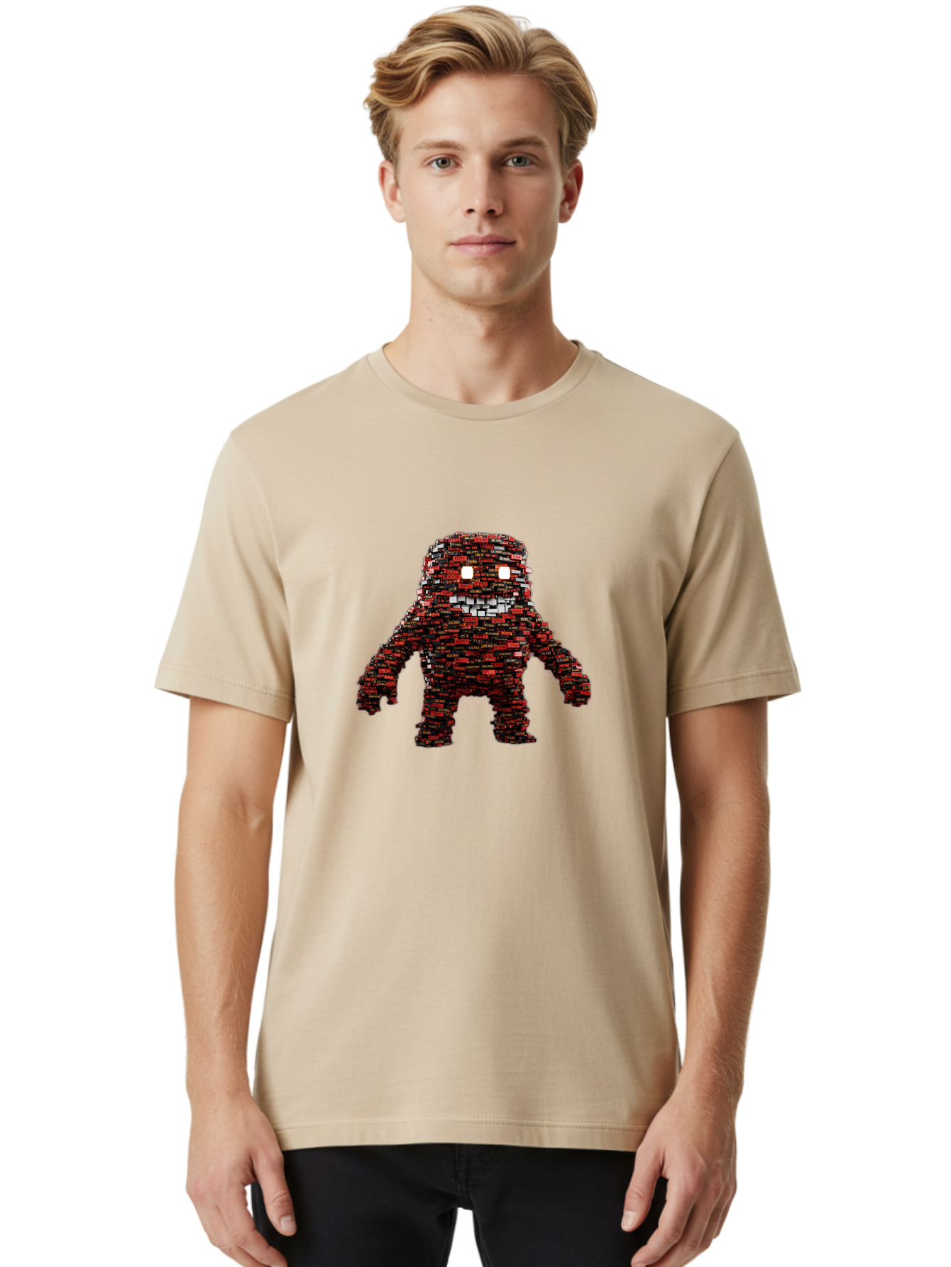 Red-Pixel-Monster Men'S Graphic Tee, 100% Cotton, Comfortable Casual Summer Wear, Machine Washable, Mosaic Art, Pixelated Creature, Red And Black Hues, Glowing Eyes, Abstract Character, Digital Artwork, Creative Design, Futuristic Being, Bab330