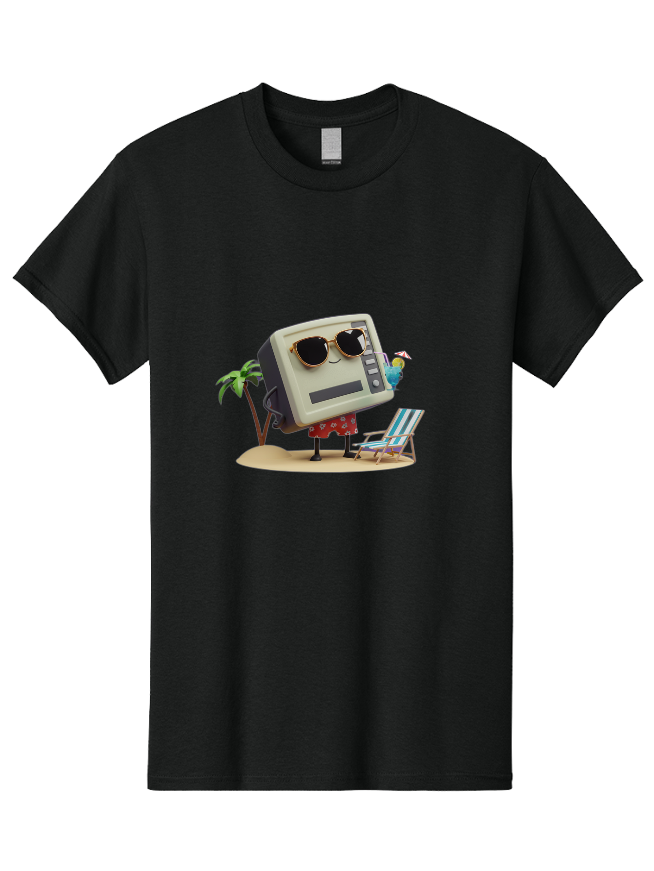 Retro-Crt-Tv Men'S Graphic Tee, 100% Cotton, Comfortable Casual Summer Wear, Machine Washable, Cash Register On Beach, Tropical Getaway, Sunglasses, Floral Skirt, Lounge Chair, Coconut Drink, Palm Trees, Summer Vibes, Fun In The Sun Bab332