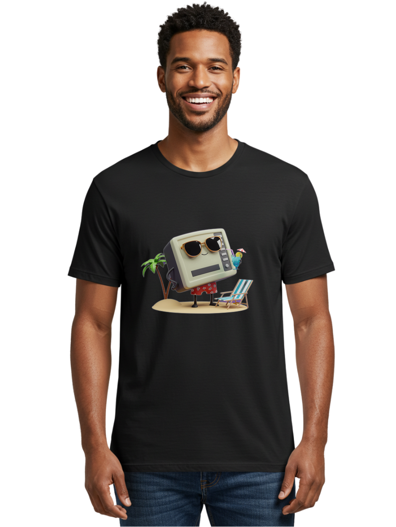 Retro-Crt-Tv Men'S Graphic Tee, 100% Cotton, Comfortable Casual Summer Wear, Machine Washable, Cash Register On Beach, Tropical Getaway, Sunglasses, Floral Skirt, Lounge Chair, Coconut Drink, Palm Trees, Summer Vibes, Fun In The Sun Bab332