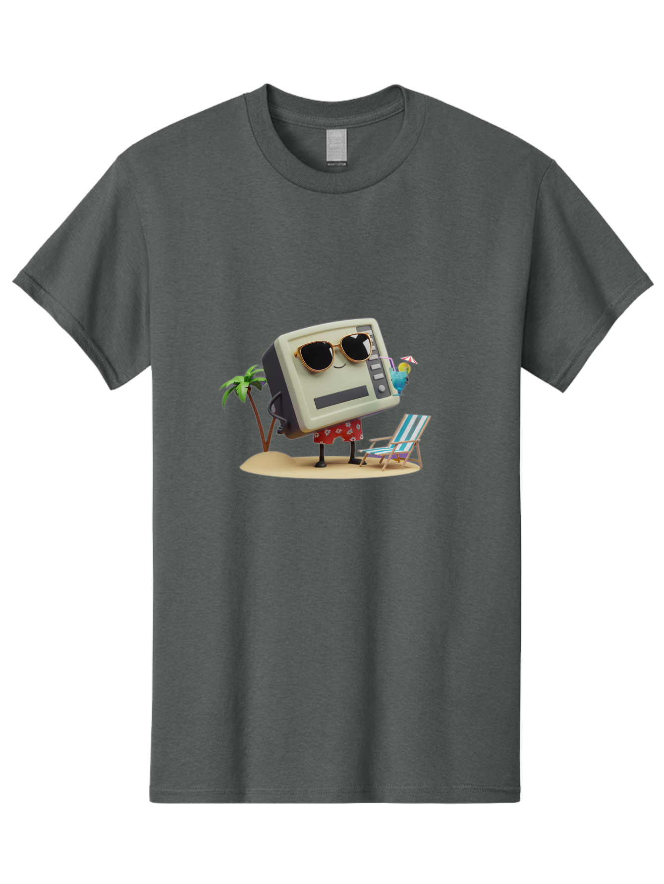 Retro-Crt-Tv Men'S Graphic Tee, 100% Cotton, Comfortable Casual Summer Wear, Machine Washable, Cash Register On Beach, Tropical Getaway, Sunglasses, Floral Skirt, Lounge Chair, Coconut Drink, Palm Trees, Summer Vibes, Fun In The Sun Bab332