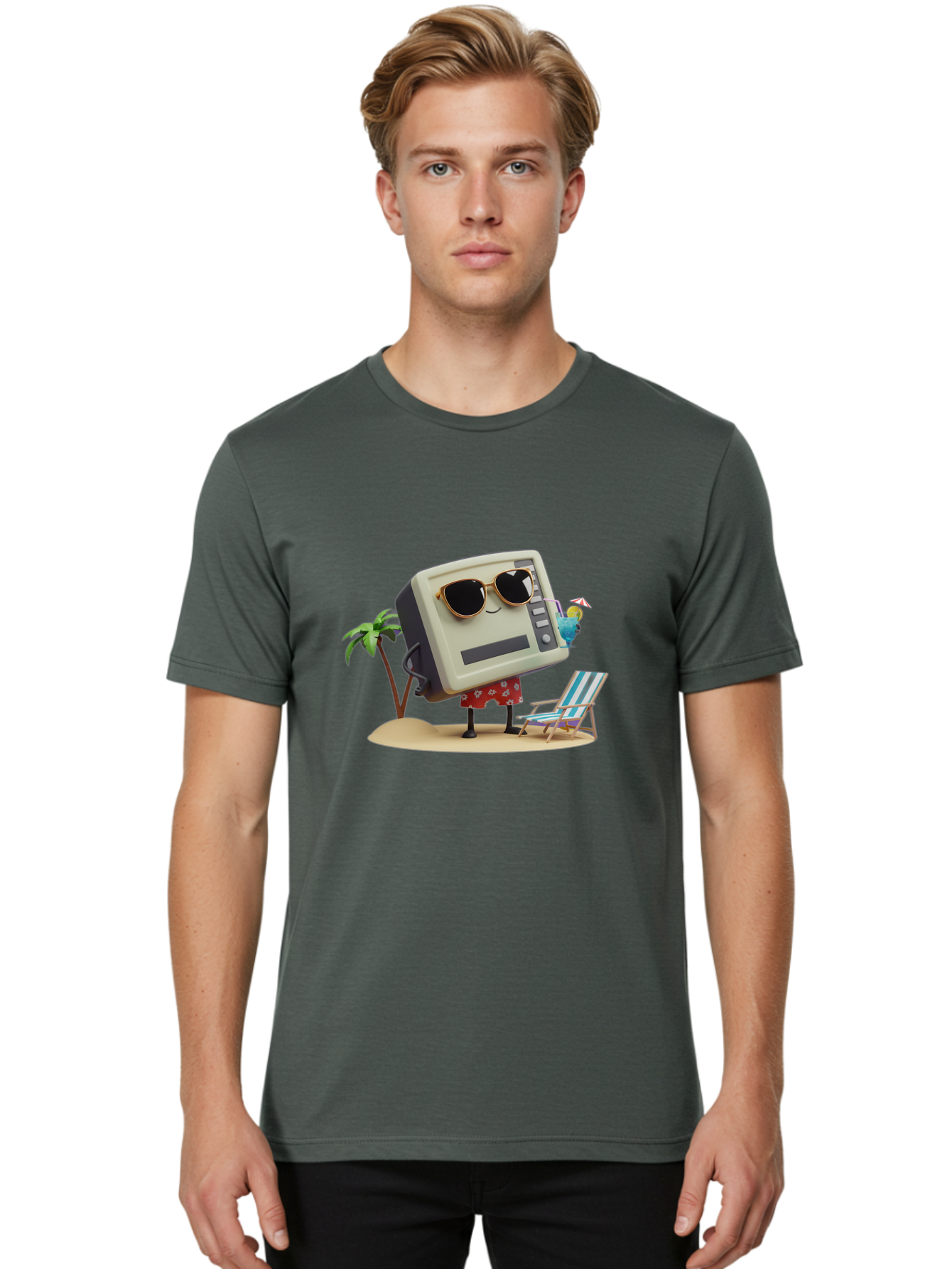Retro-Crt-Tv Men'S Graphic Tee, 100% Cotton, Comfortable Casual Summer Wear, Machine Washable, Cash Register On Beach, Tropical Getaway, Sunglasses, Floral Skirt, Lounge Chair, Coconut Drink, Palm Trees, Summer Vibes, Fun In The Sun Bab332