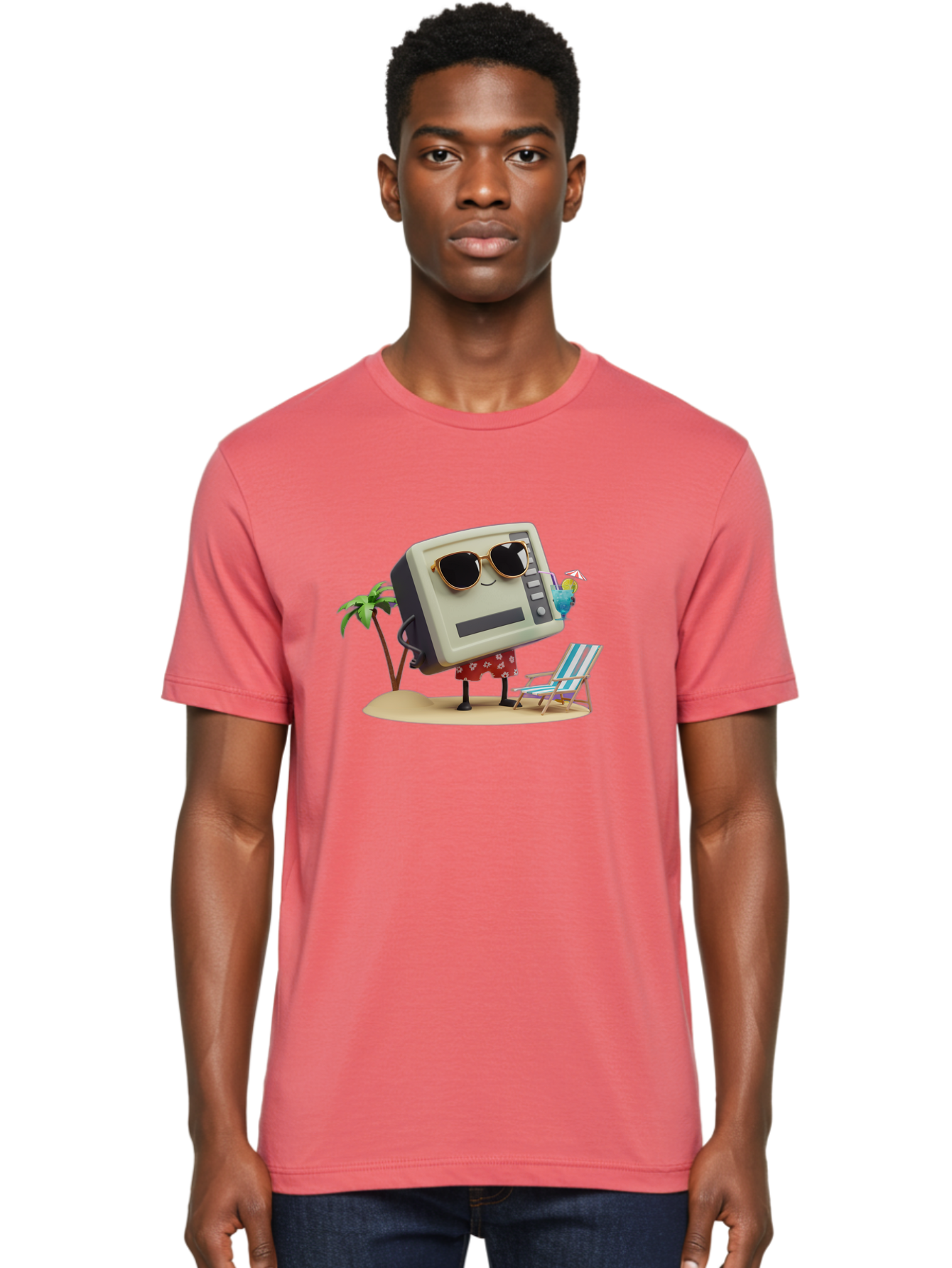 Retro-Crt-Tv Men'S Graphic Tee, 100% Cotton, Comfortable Casual Summer Wear, Machine Washable, Cash Register On Beach, Tropical Getaway, Sunglasses, Floral Skirt, Lounge Chair, Coconut Drink, Palm Trees, Summer Vibes, Fun In The Sun Bab332