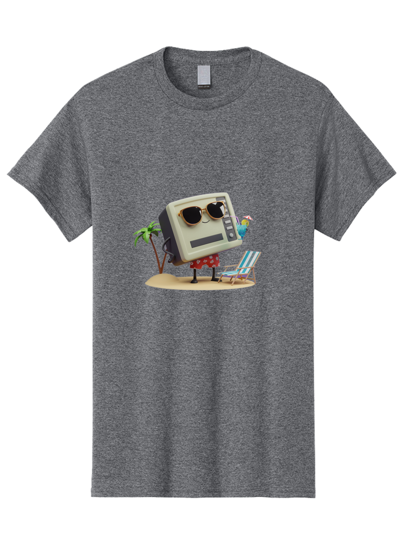 Retro-Crt-Tv Men'S Graphic Tee, 100% Cotton, Comfortable Casual Summer Wear, Machine Washable, Cash Register On Beach, Tropical Getaway, Sunglasses, Floral Skirt, Lounge Chair, Coconut Drink, Palm Trees, Summer Vibes, Fun In The Sun Bab332