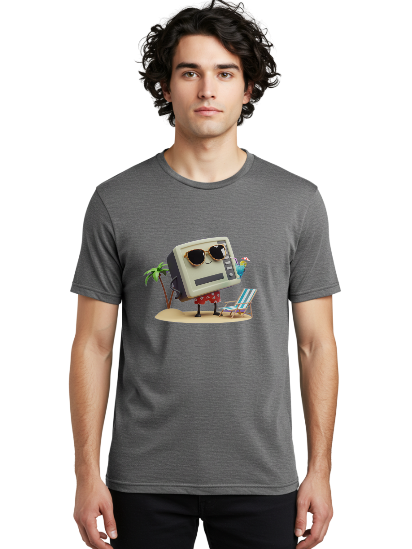 Retro-Crt-Tv Men'S Graphic Tee, 100% Cotton, Comfortable Casual Summer Wear, Machine Washable, Cash Register On Beach, Tropical Getaway, Sunglasses, Floral Skirt, Lounge Chair, Coconut Drink, Palm Trees, Summer Vibes, Fun In The Sun Bab332
