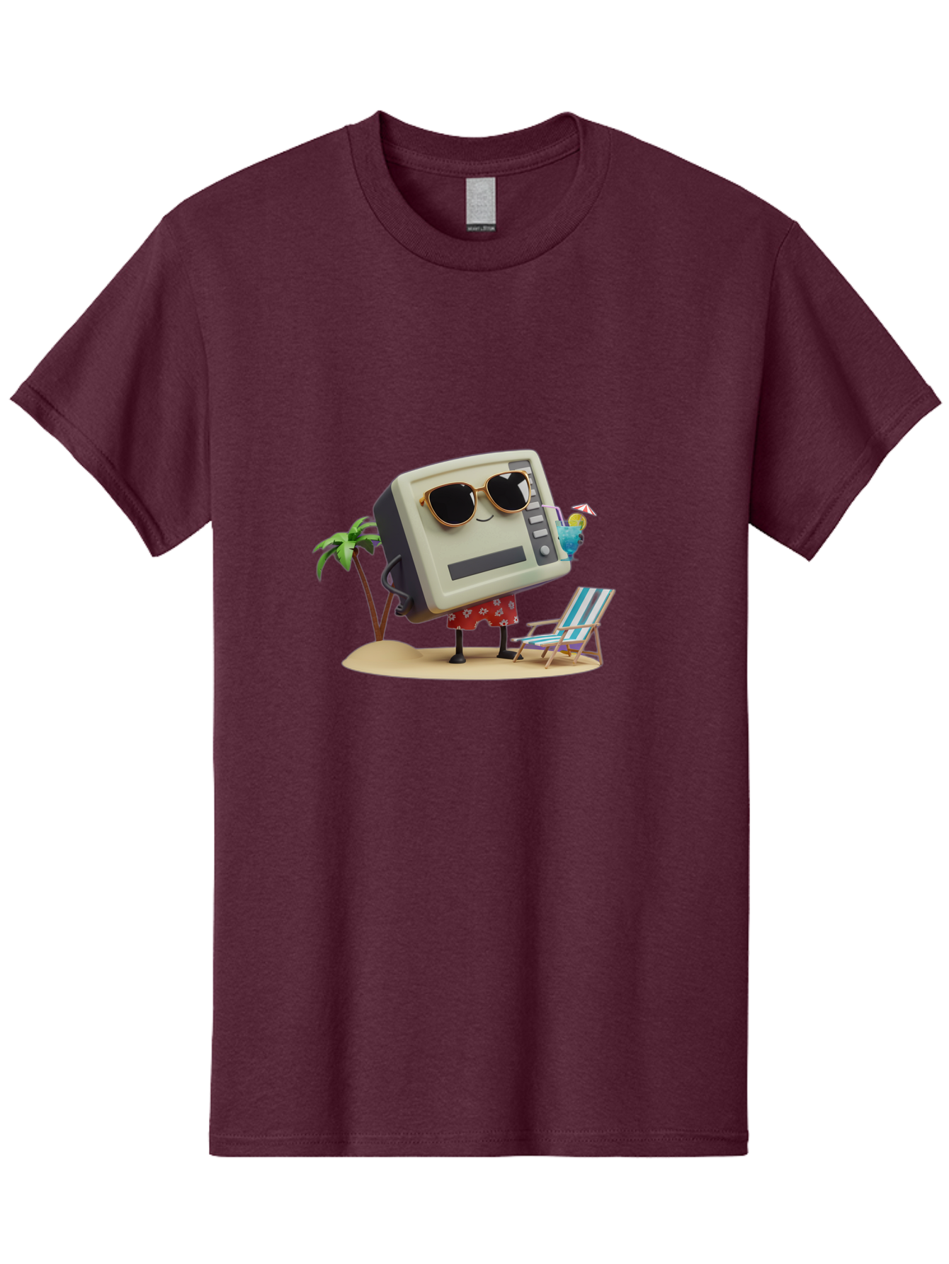 Retro-Crt-Tv Men'S Graphic Tee, 100% Cotton, Comfortable Casual Summer Wear, Machine Washable, Cash Register On Beach, Tropical Getaway, Sunglasses, Floral Skirt, Lounge Chair, Coconut Drink, Palm Trees, Summer Vibes, Fun In The Sun Bab332