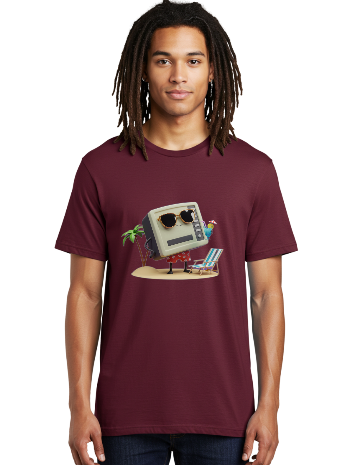 Retro-Crt-Tv Men'S Graphic Tee, 100% Cotton, Comfortable Casual Summer Wear, Machine Washable, Cash Register On Beach, Tropical Getaway, Sunglasses, Floral Skirt, Lounge Chair, Coconut Drink, Palm Trees, Summer Vibes, Fun In The Sun Bab332