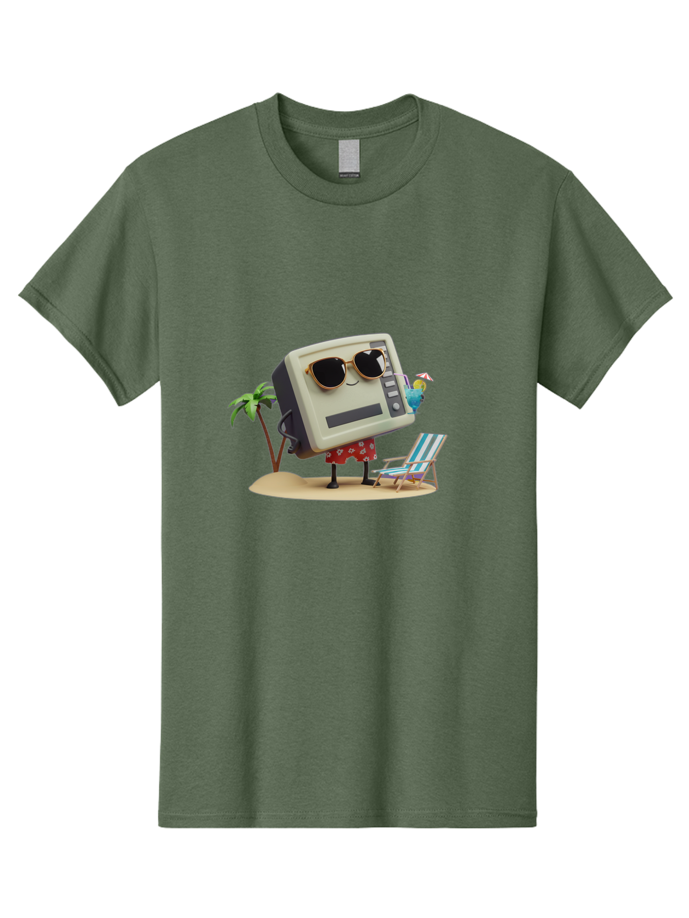 Retro-Crt-Tv Men'S Graphic Tee, 100% Cotton, Comfortable Casual Summer Wear, Machine Washable, Cash Register On Beach, Tropical Getaway, Sunglasses, Floral Skirt, Lounge Chair, Coconut Drink, Palm Trees, Summer Vibes, Fun In The Sun Bab332