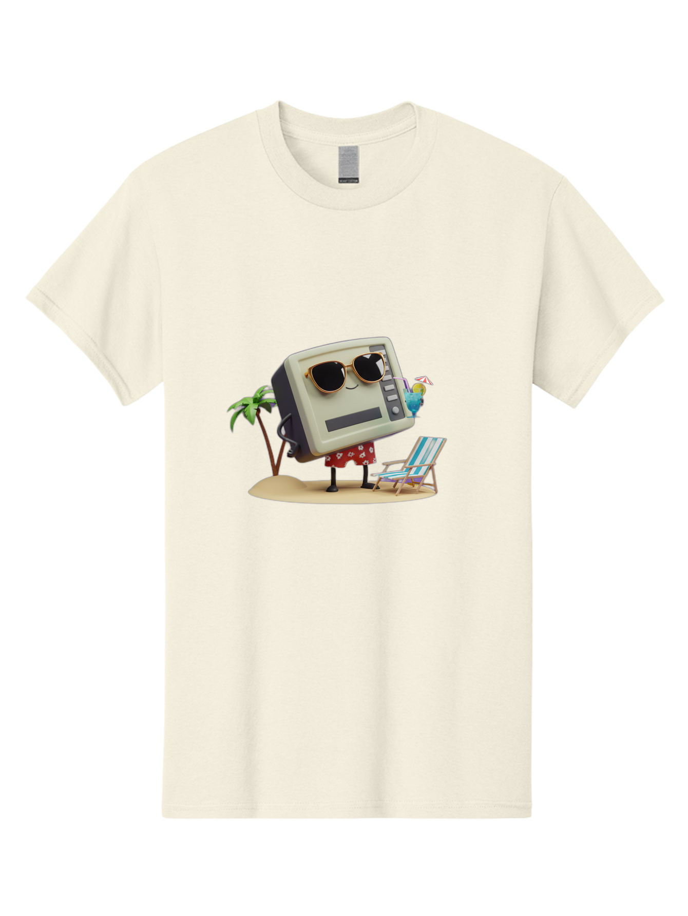 Retro-Crt-Tv Men'S Graphic Tee, 100% Cotton, Comfortable Casual Summer Wear, Machine Washable, Cash Register On Beach, Tropical Getaway, Sunglasses, Floral Skirt, Lounge Chair, Coconut Drink, Palm Trees, Summer Vibes, Fun In The Sun Bab332