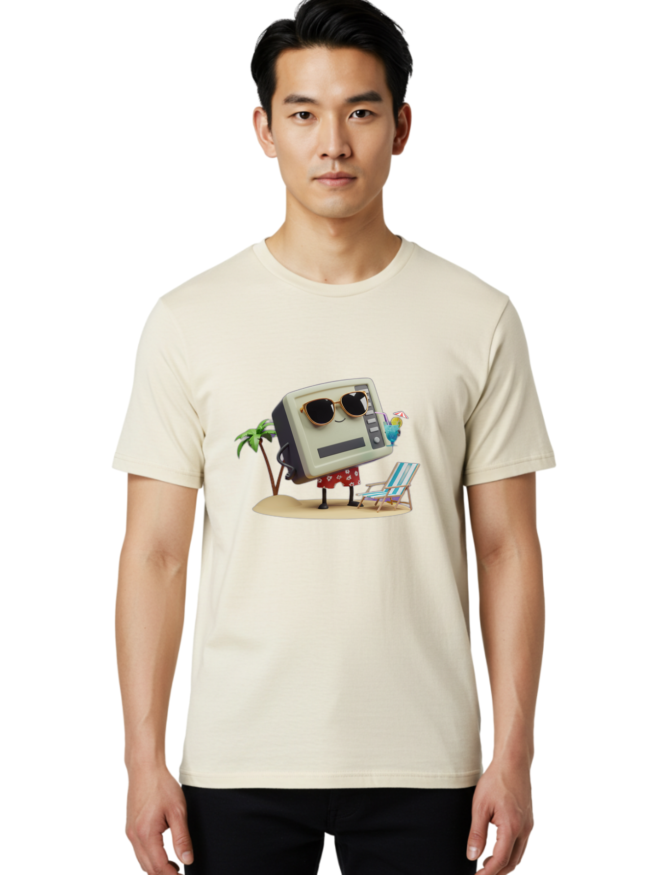 Retro-Crt-Tv Men'S Graphic Tee, 100% Cotton, Comfortable Casual Summer Wear, Machine Washable, Cash Register On Beach, Tropical Getaway, Sunglasses, Floral Skirt, Lounge Chair, Coconut Drink, Palm Trees, Summer Vibes, Fun In The Sun Bab332