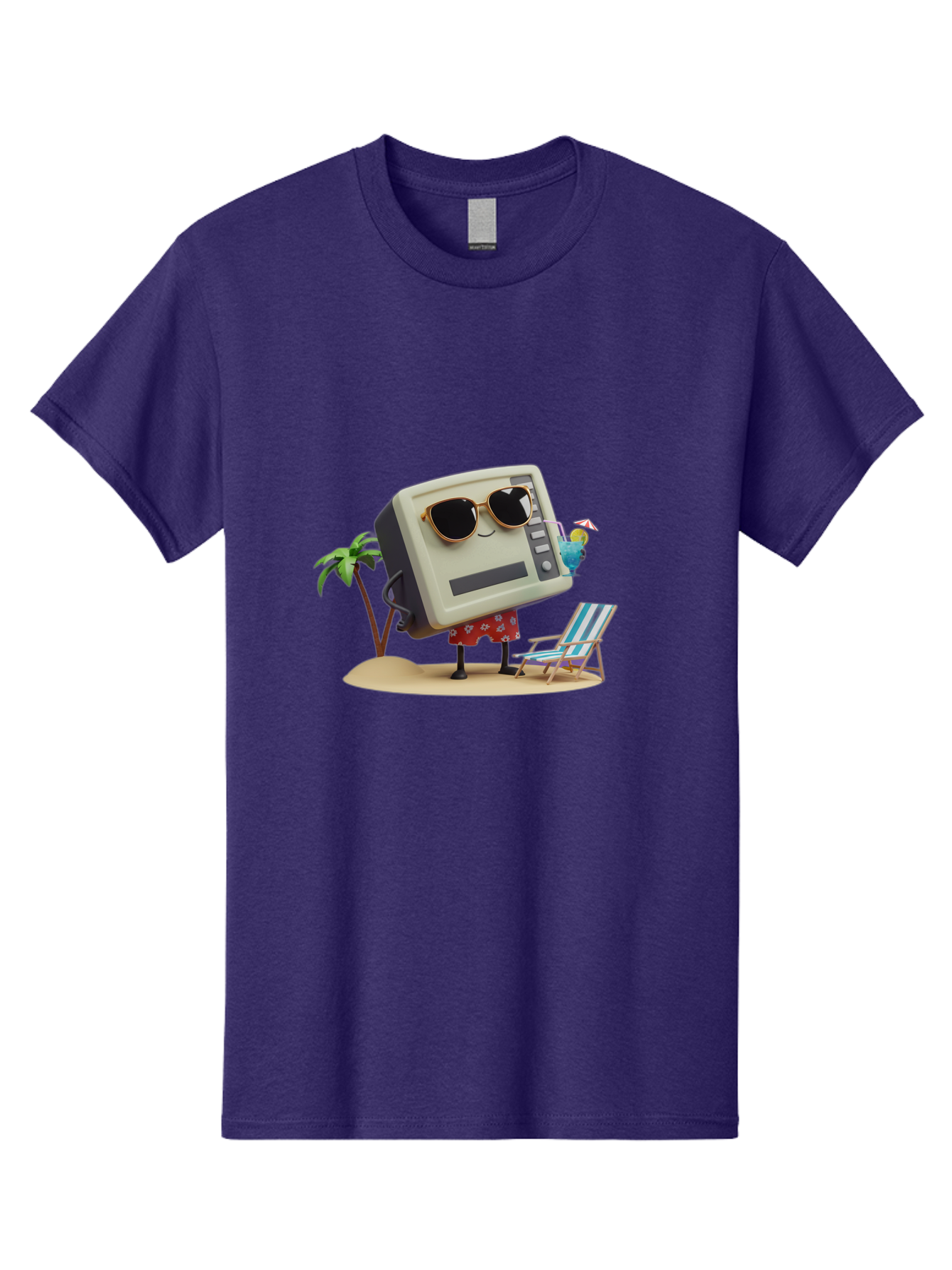 Retro-Crt-Tv Men'S Graphic Tee, 100% Cotton, Comfortable Casual Summer Wear, Machine Washable, Cash Register On Beach, Tropical Getaway, Sunglasses, Floral Skirt, Lounge Chair, Coconut Drink, Palm Trees, Summer Vibes, Fun In The Sun Bab332