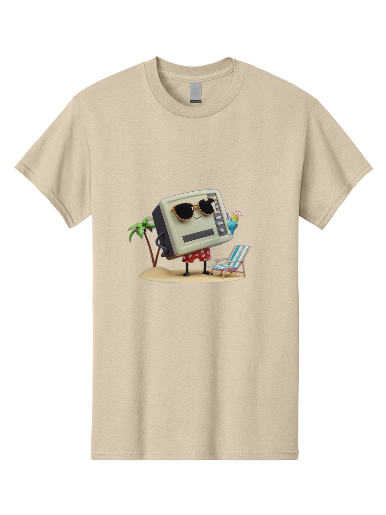 Retro-Crt-Tv Men'S Graphic Tee, 100% Cotton, Comfortable Casual Summer Wear, Machine Washable, Cash Register On Beach, Tropical Getaway, Sunglasses, Floral Skirt, Lounge Chair, Coconut Drink, Palm Trees, Summer Vibes, Fun In The Sun Bab332