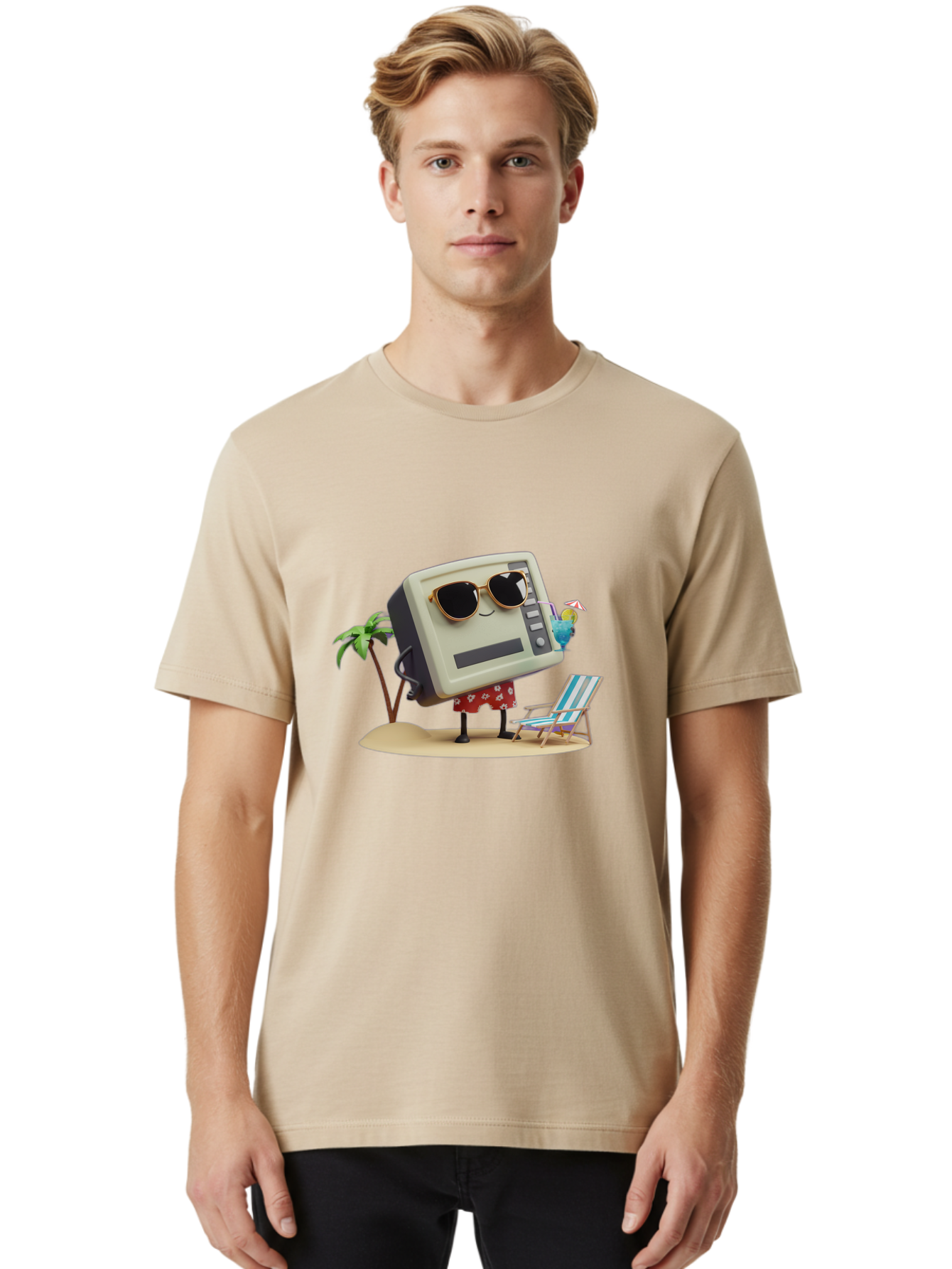 Retro-Crt-Tv Men'S Graphic Tee, 100% Cotton, Comfortable Casual Summer Wear, Machine Washable, Cash Register On Beach, Tropical Getaway, Sunglasses, Floral Skirt, Lounge Chair, Coconut Drink, Palm Trees, Summer Vibes, Fun In The Sun Bab332