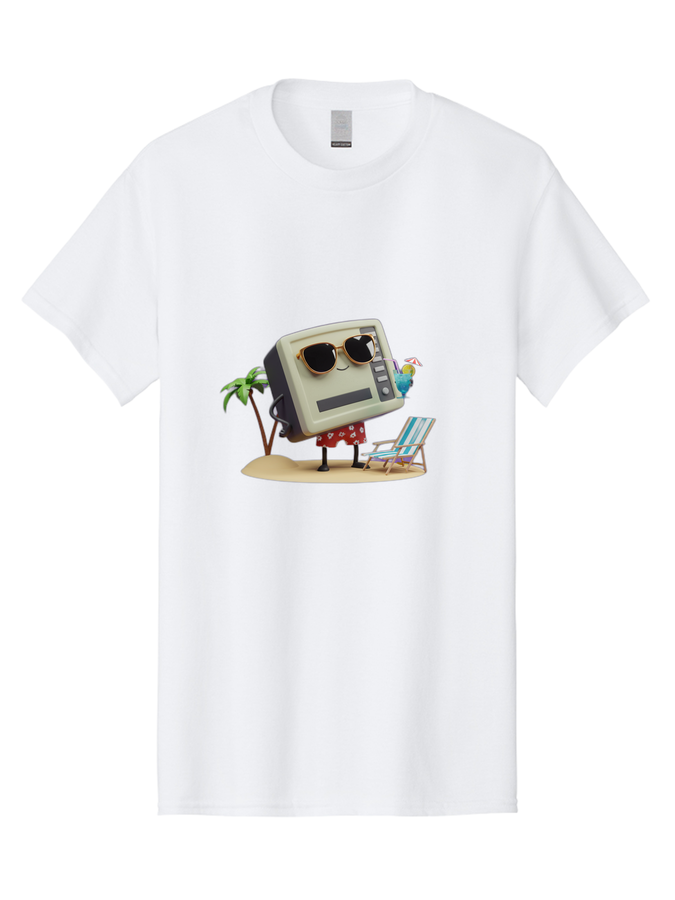 Retro-Crt-Tv Men'S Graphic Tee, 100% Cotton, Comfortable Casual Summer Wear, Machine Washable, Cash Register On Beach, Tropical Getaway, Sunglasses, Floral Skirt, Lounge Chair, Coconut Drink, Palm Trees, Summer Vibes, Fun In The Sun Bab332