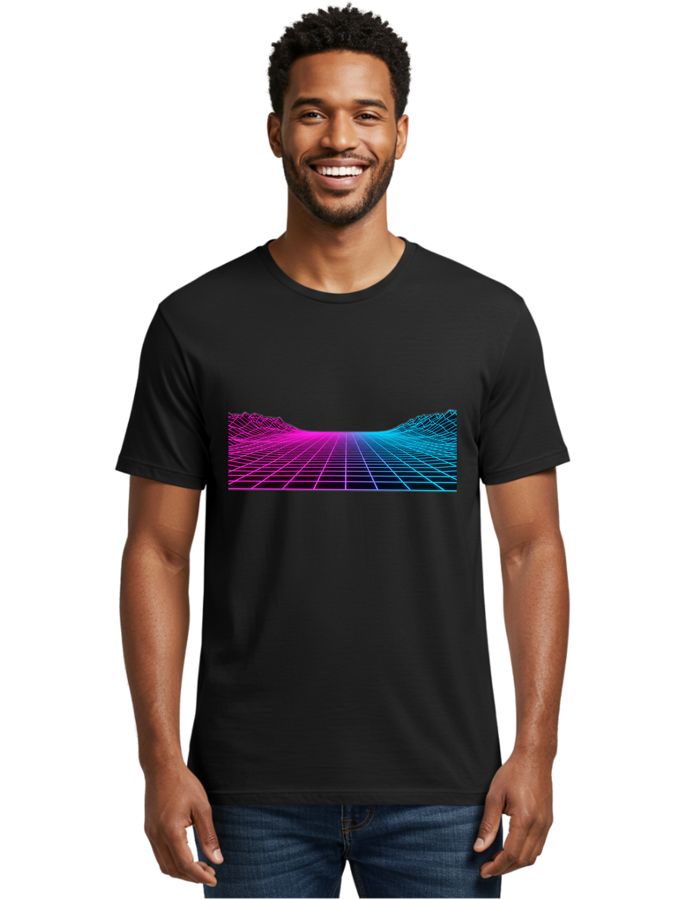 Retro-Futuristic-Grid-Landscape Men'S Graphic Tee, 100% Cotton, Comfortable Casual Summer Wear, Machine Washable, Retro Futuristic Landscape, Neon Grid, Synthwave Style, Futuristic Terrain, 80S Aesthetic, Digital Art, Vibrant Colors, Bab333