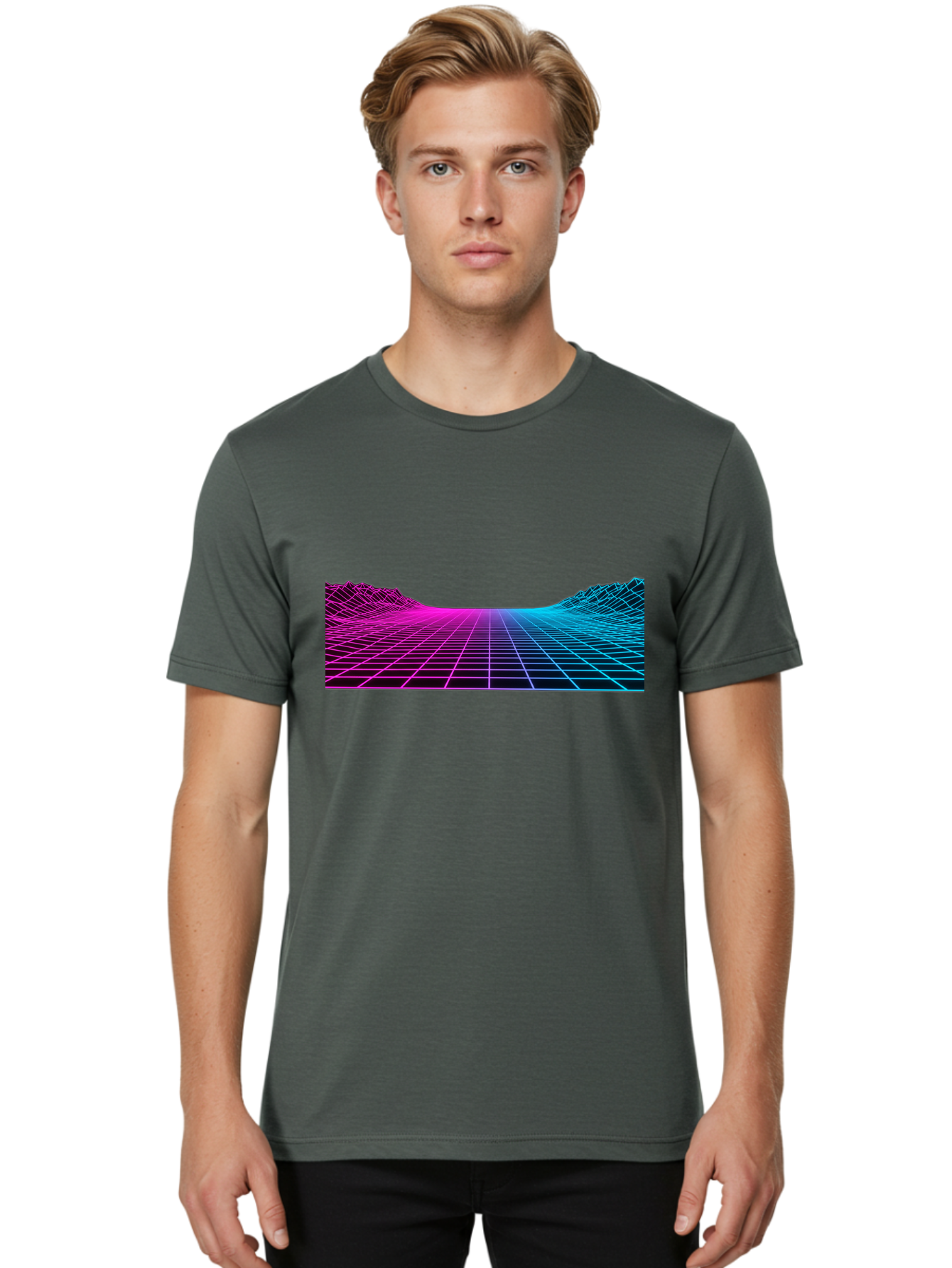 Retro-Futuristic-Grid-Landscape Men'S Graphic Tee, 100% Cotton, Comfortable Casual Summer Wear, Machine Washable, Retro Futuristic Landscape, Neon Grid, Synthwave Style, Futuristic Terrain, 80S Aesthetic, Digital Art, Vibrant Colors, Bab333