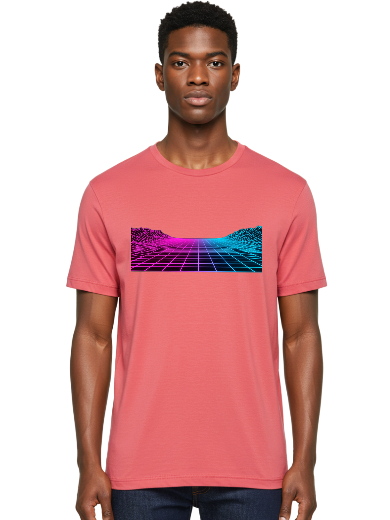 Retro-Futuristic-Grid-Landscape Men'S Graphic Tee, 100% Cotton, Comfortable Casual Summer Wear, Machine Washable, Retro Futuristic Landscape, Neon Grid, Synthwave Style, Futuristic Terrain, 80S Aesthetic, Digital Art, Vibrant Colors, Bab333
