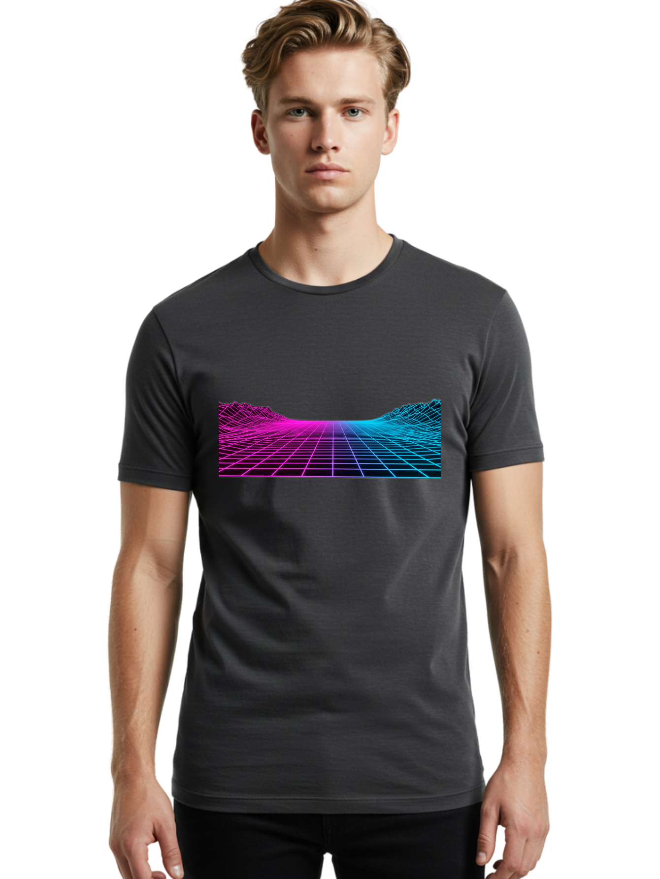 Retro-Futuristic-Grid-Landscape Men'S Graphic Tee, 100% Cotton, Comfortable Casual Summer Wear, Machine Washable, Retro Futuristic Landscape, Neon Grid, Synthwave Style, Futuristic Terrain, 80S Aesthetic, Digital Art, Vibrant Colors, Bab333