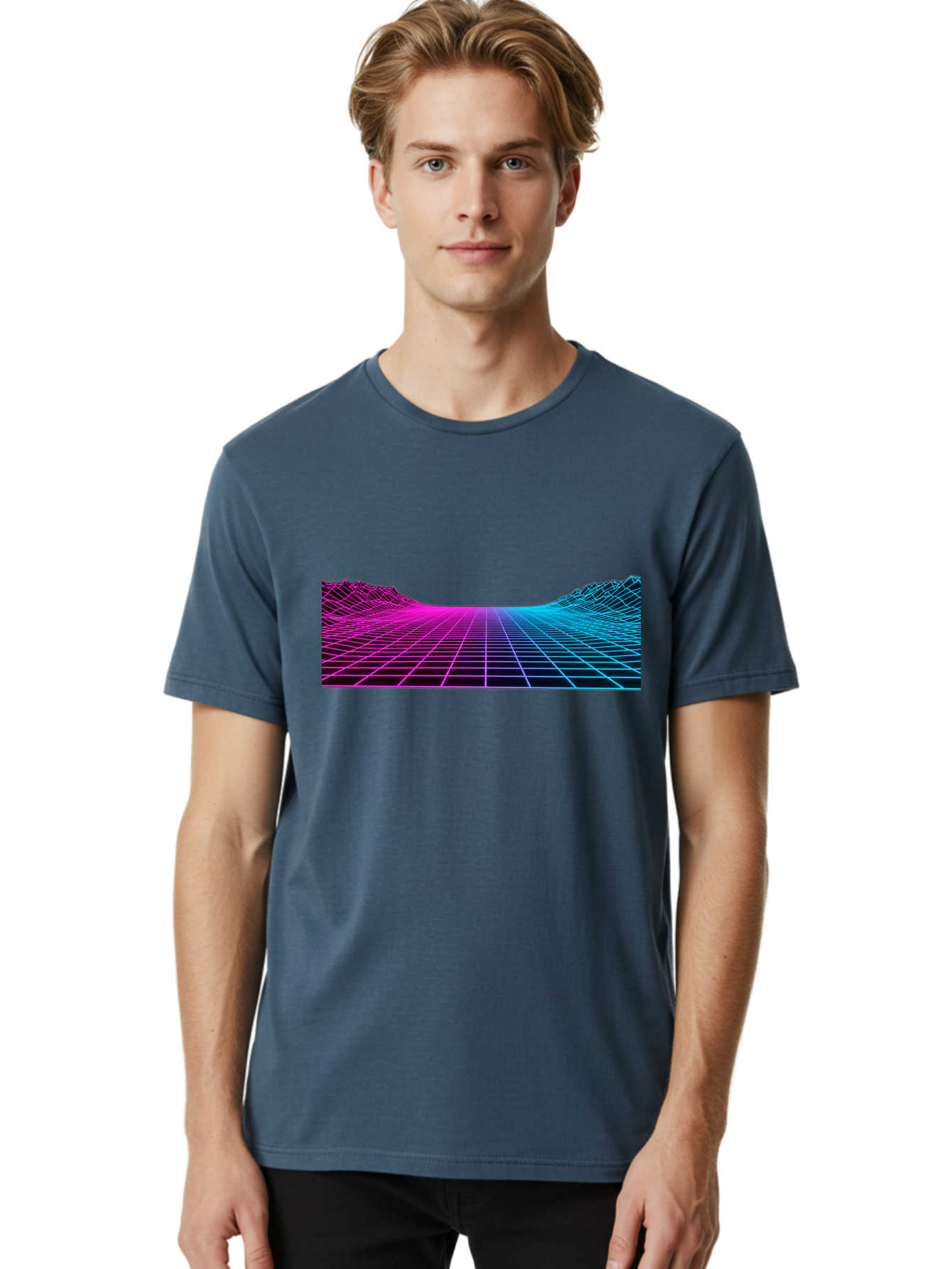Retro-Futuristic-Grid-Landscape Men'S Graphic Tee, 100% Cotton, Comfortable Casual Summer Wear, Machine Washable, Retro Futuristic Landscape, Neon Grid, Synthwave Style, Futuristic Terrain, 80S Aesthetic, Digital Art, Vibrant Colors, Bab333