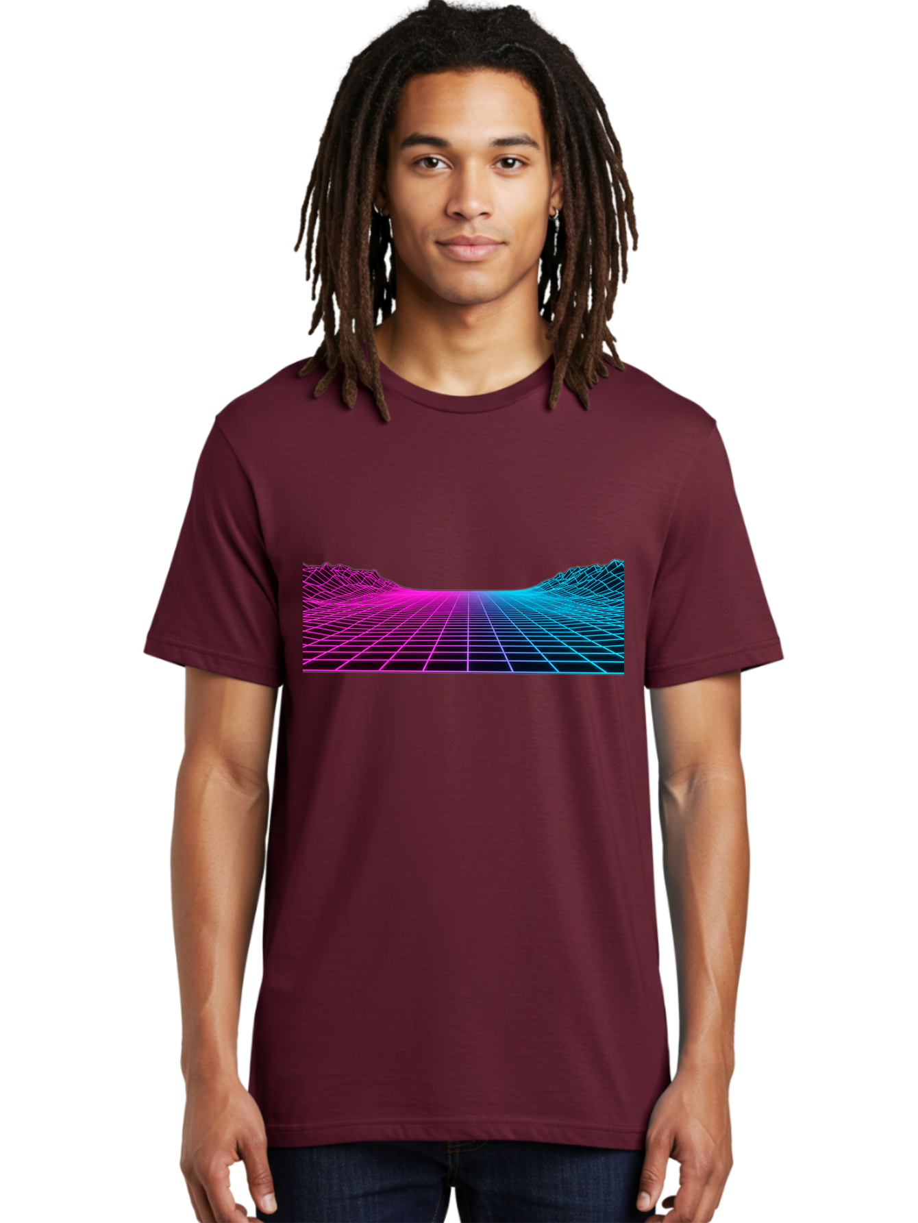 Retro-Futuristic-Grid-Landscape Men'S Graphic Tee, 100% Cotton, Comfortable Casual Summer Wear, Machine Washable, Retro Futuristic Landscape, Neon Grid, Synthwave Style, Futuristic Terrain, 80S Aesthetic, Digital Art, Vibrant Colors, Bab333