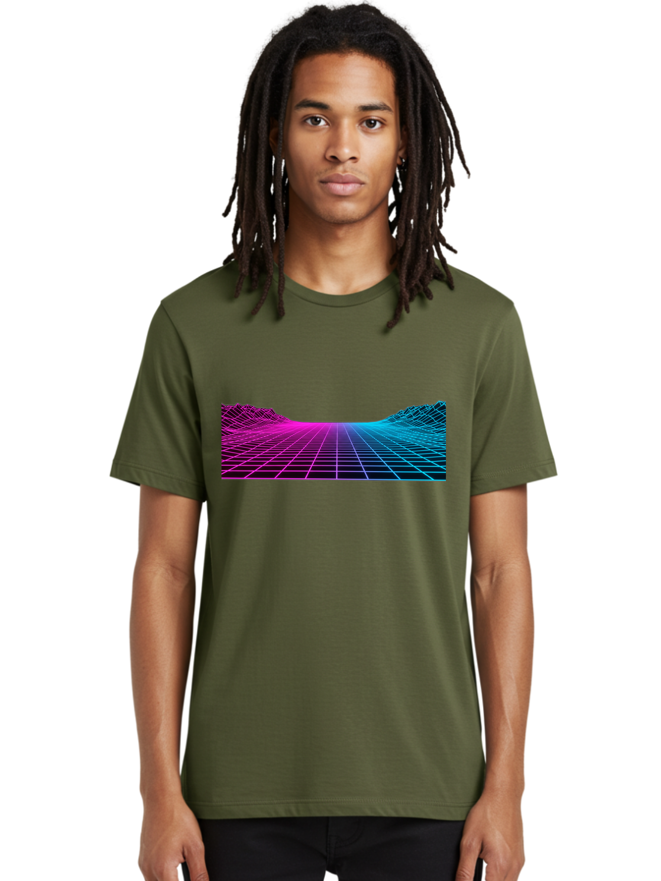 Retro-Futuristic-Grid-Landscape Men'S Graphic Tee, 100% Cotton, Comfortable Casual Summer Wear, Machine Washable, Retro Futuristic Landscape, Neon Grid, Synthwave Style, Futuristic Terrain, 80S Aesthetic, Digital Art, Vibrant Colors, Bab333