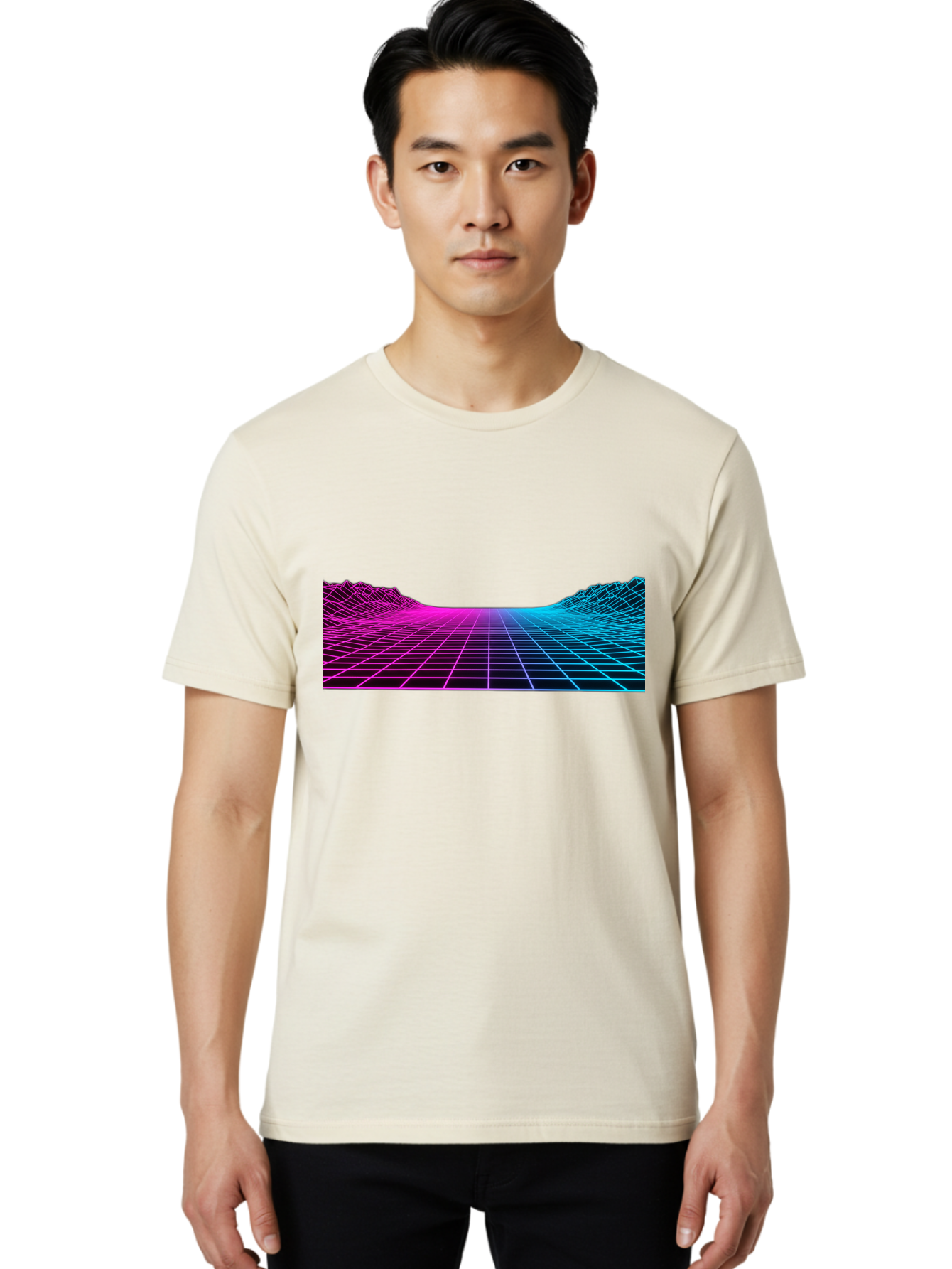 Retro-Futuristic-Grid-Landscape Men'S Graphic Tee, 100% Cotton, Comfortable Casual Summer Wear, Machine Washable, Retro Futuristic Landscape, Neon Grid, Synthwave Style, Futuristic Terrain, 80S Aesthetic, Digital Art, Vibrant Colors, Bab333
