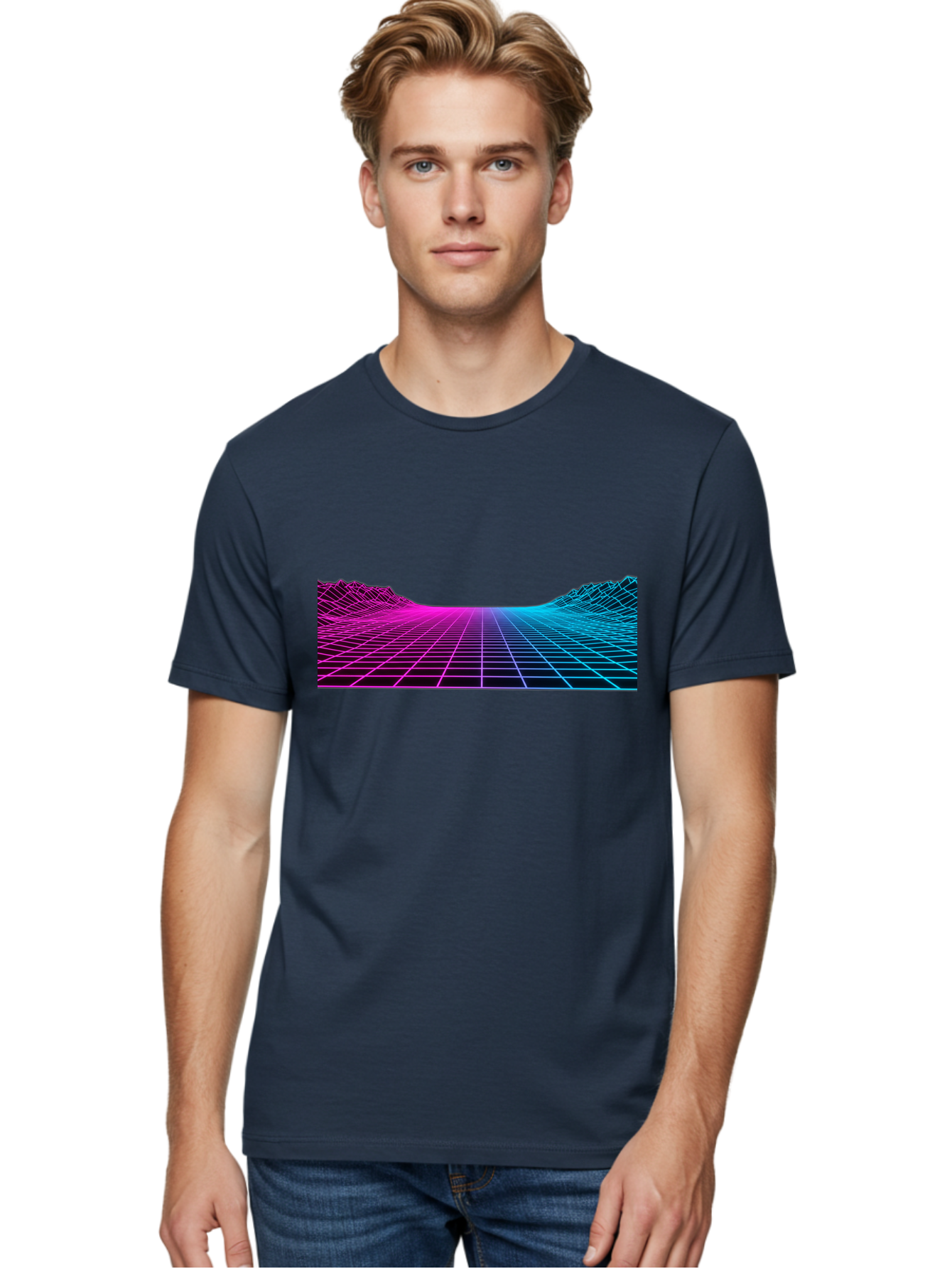 Retro-Futuristic-Grid-Landscape Men'S Graphic Tee, 100% Cotton, Comfortable Casual Summer Wear, Machine Washable, Retro Futuristic Landscape, Neon Grid, Synthwave Style, Futuristic Terrain, 80S Aesthetic, Digital Art, Vibrant Colors, Bab333